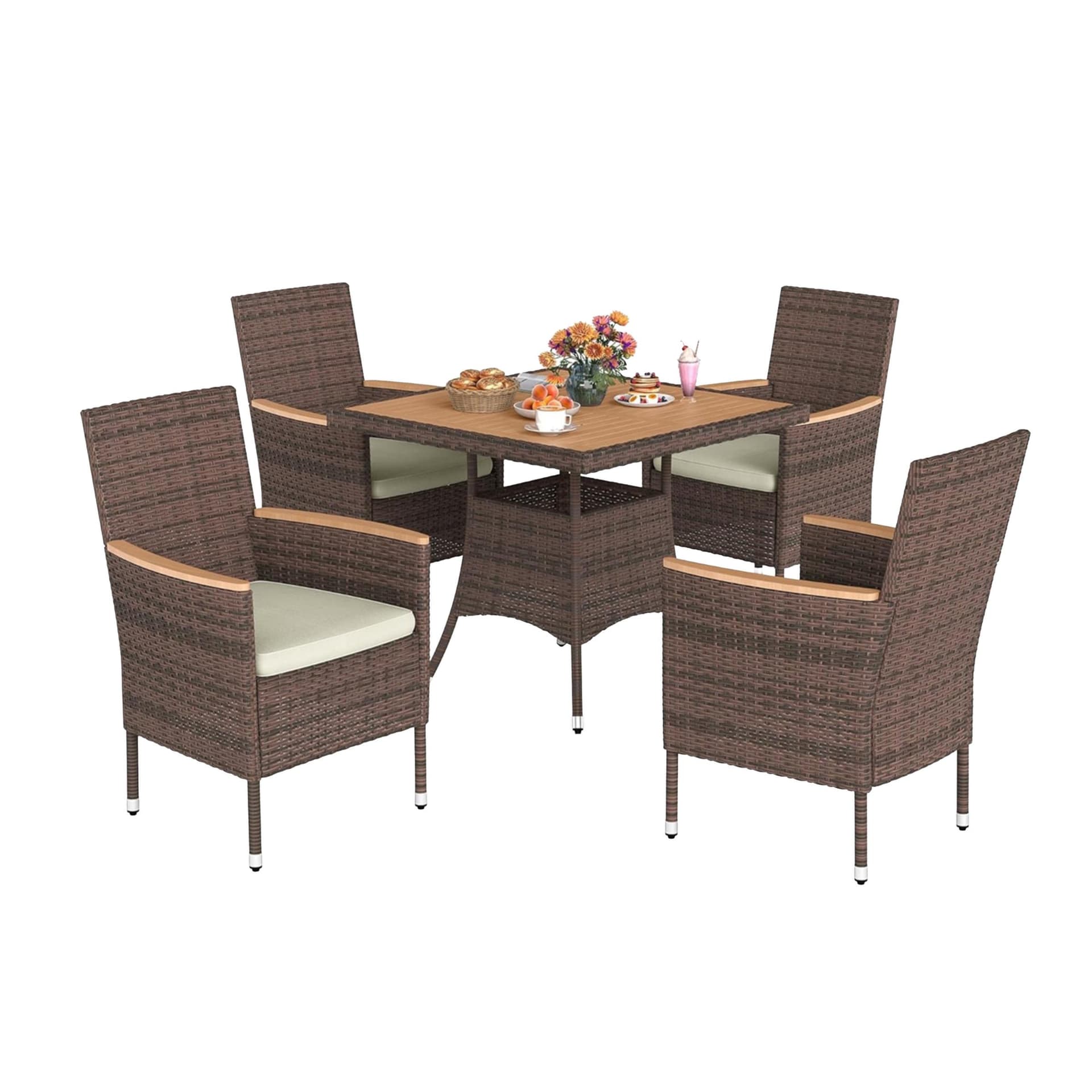 5-Piece All-Weather Rattan Patio Dining Set - Brown w/Acacia Wood Table - Brown