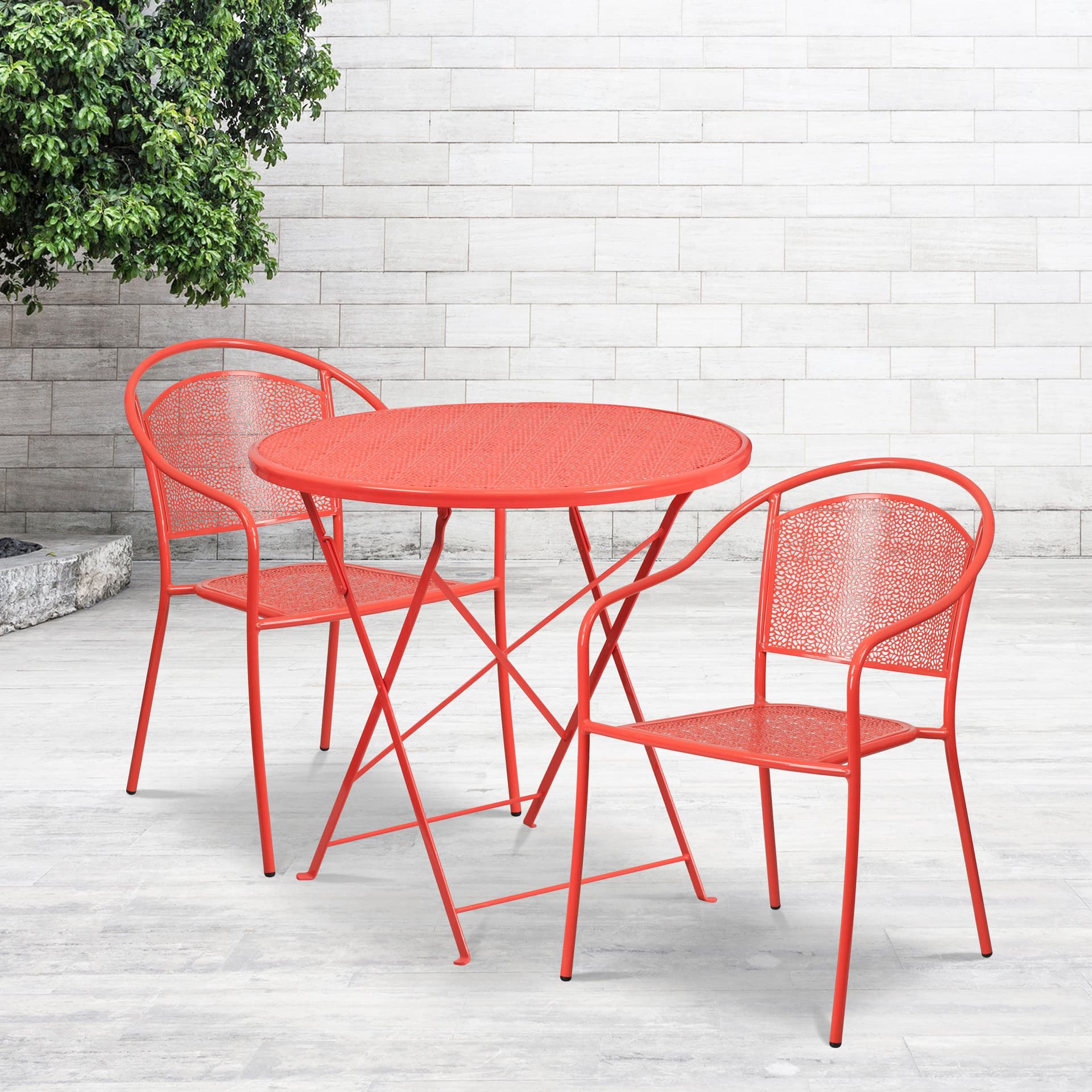 30" Round Coral Indoor-Outdoor Steel Folding Patio Table Set with 2 Chairs