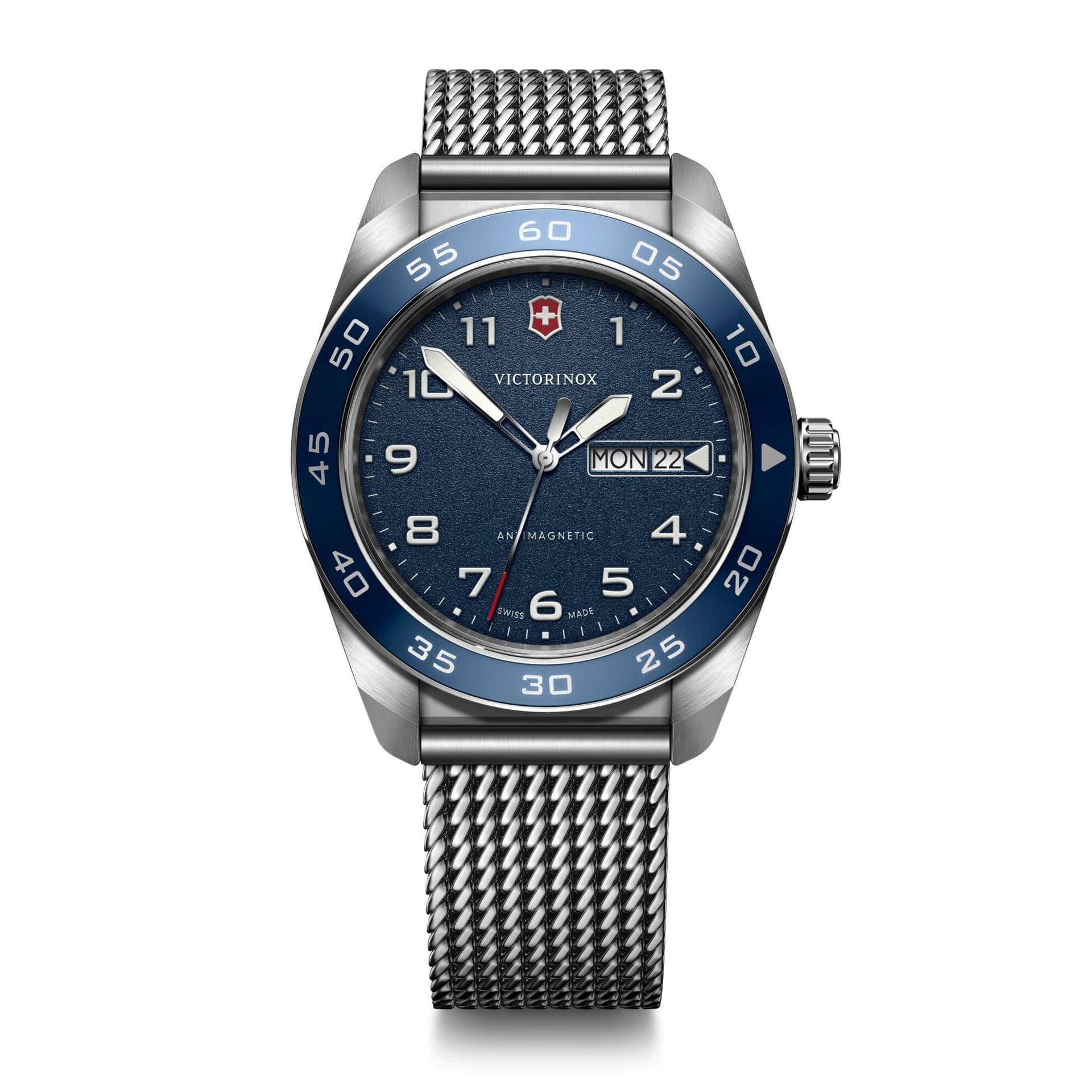 Mens Swiss Army Quartz Silver-Tone Stainless Stele Mesh Watch Blue Dial