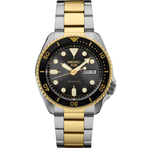 Seiko 5 Sports SGP Automatic Gray Dial, Gold/Silver bracelet, Black bezel Gold accents