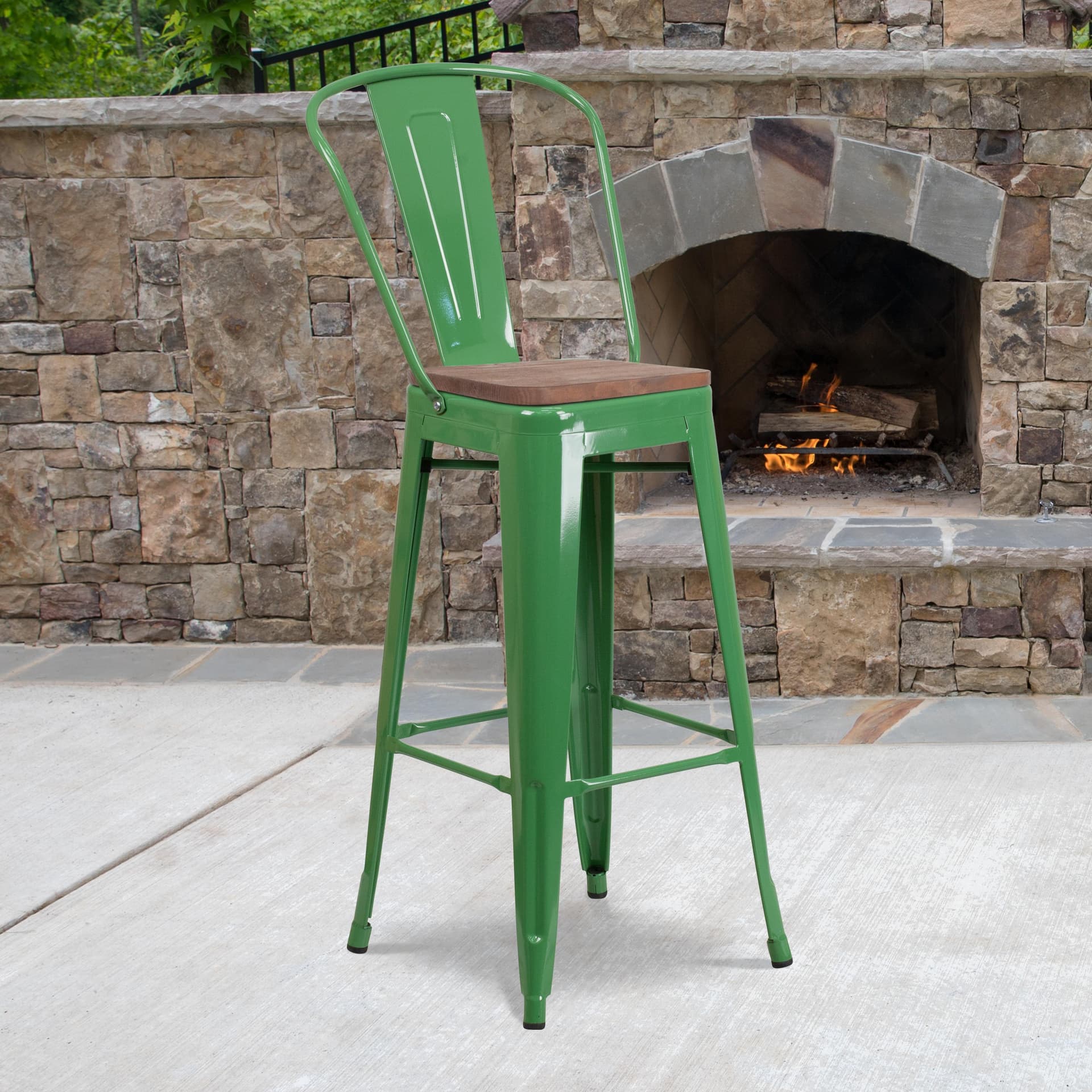 30" High Green Metal Barstool with Back and Wood Seat - Kitchen Furniture