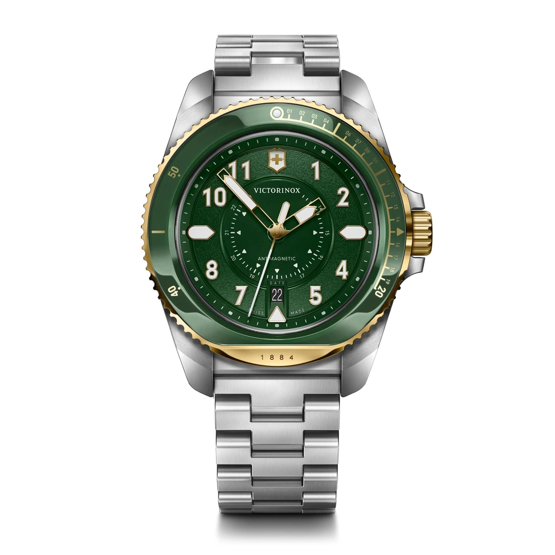 Journey 1884 43mm, 2-tone case, green bezel/dial, steel bracelet