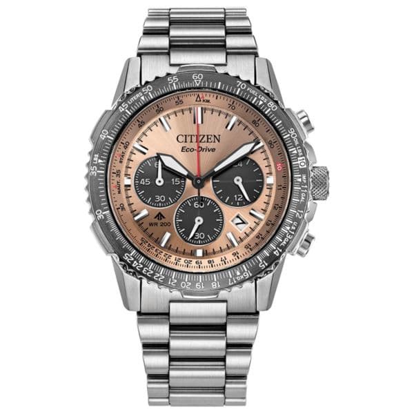 Mens Promaster Navihawk Chronograph Eco-Drive Silver-Tone SS Watch Salmon Dial