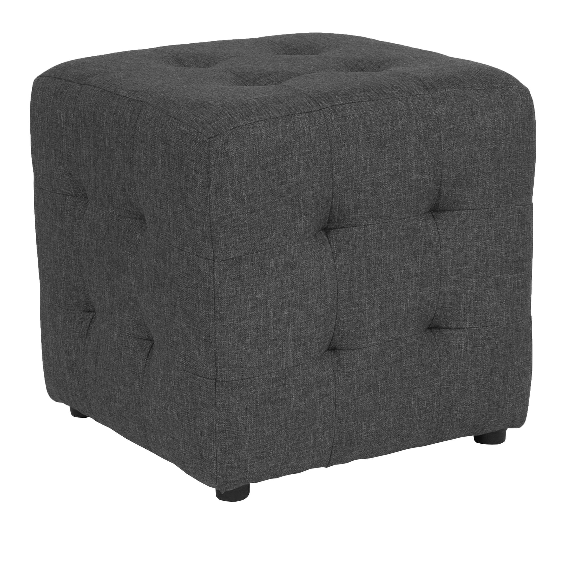 Grid Tufted Upholstered Cube Ottoman Pouf in Dark Gray Fabric