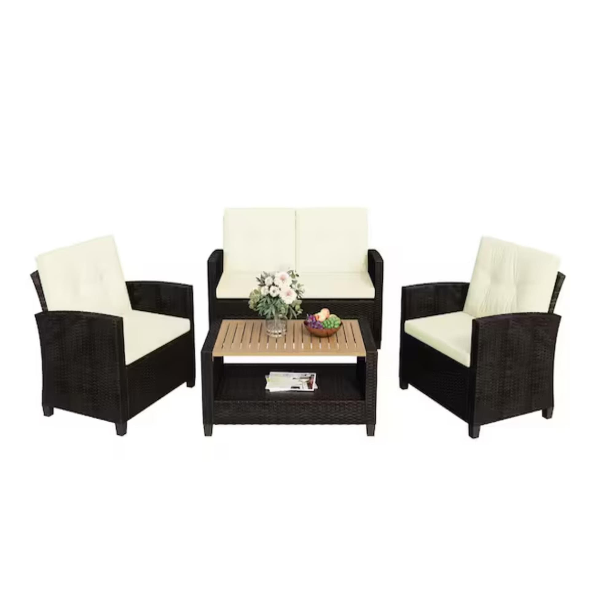4-Piece All-Weather Wicker Patio Conversation Set w/Beige Cushions & Accacia Wood Table