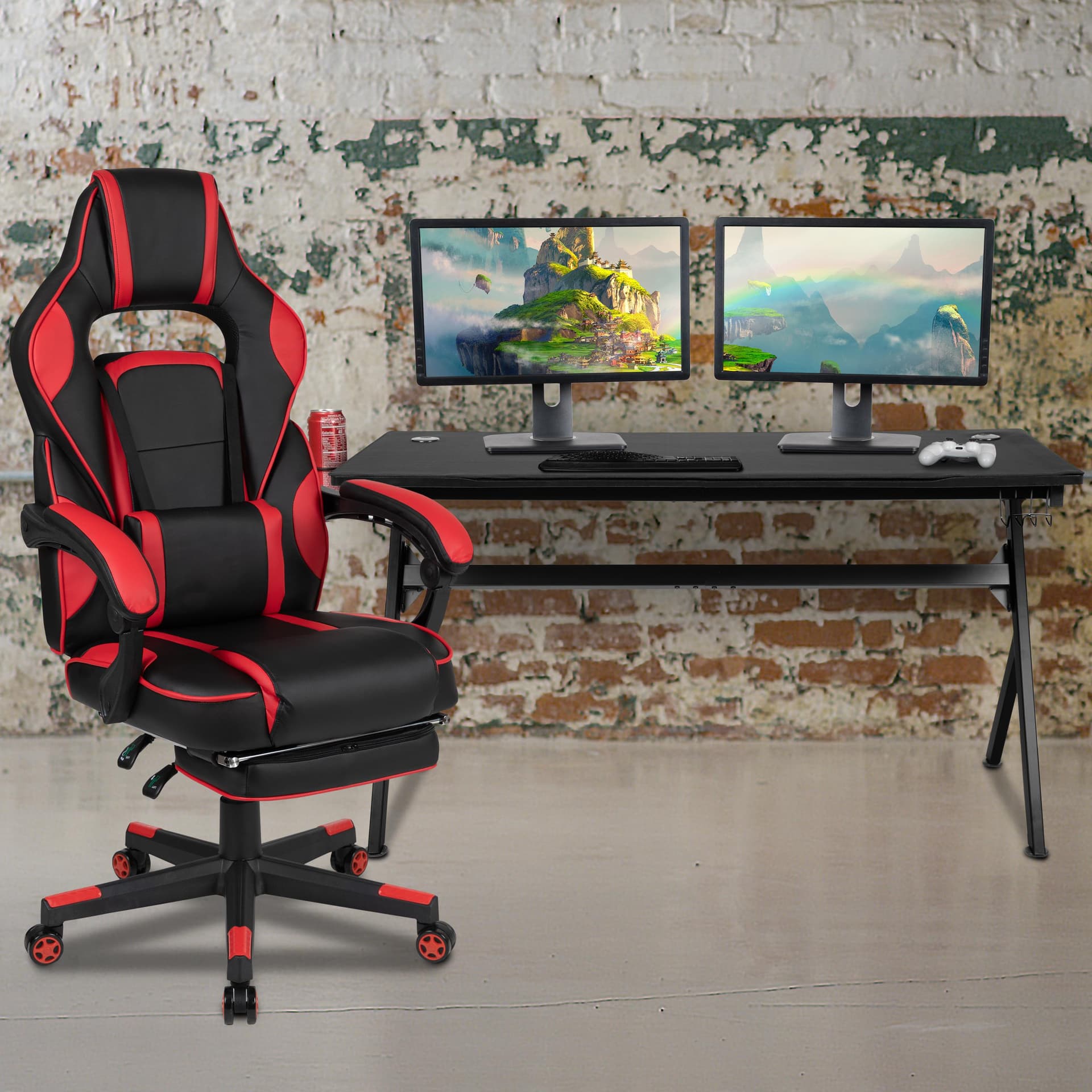 Black/Red Gaming Desk Bundle - Cup/Headset Holder/Mouse Pad Top