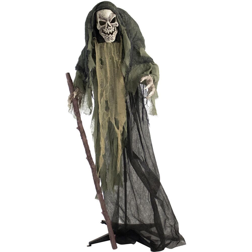 Life-Size 5.7 Ft. Animatronic Skeleton Reaper Holding Staff with Lights & Sound, Indoor/Covered Outd