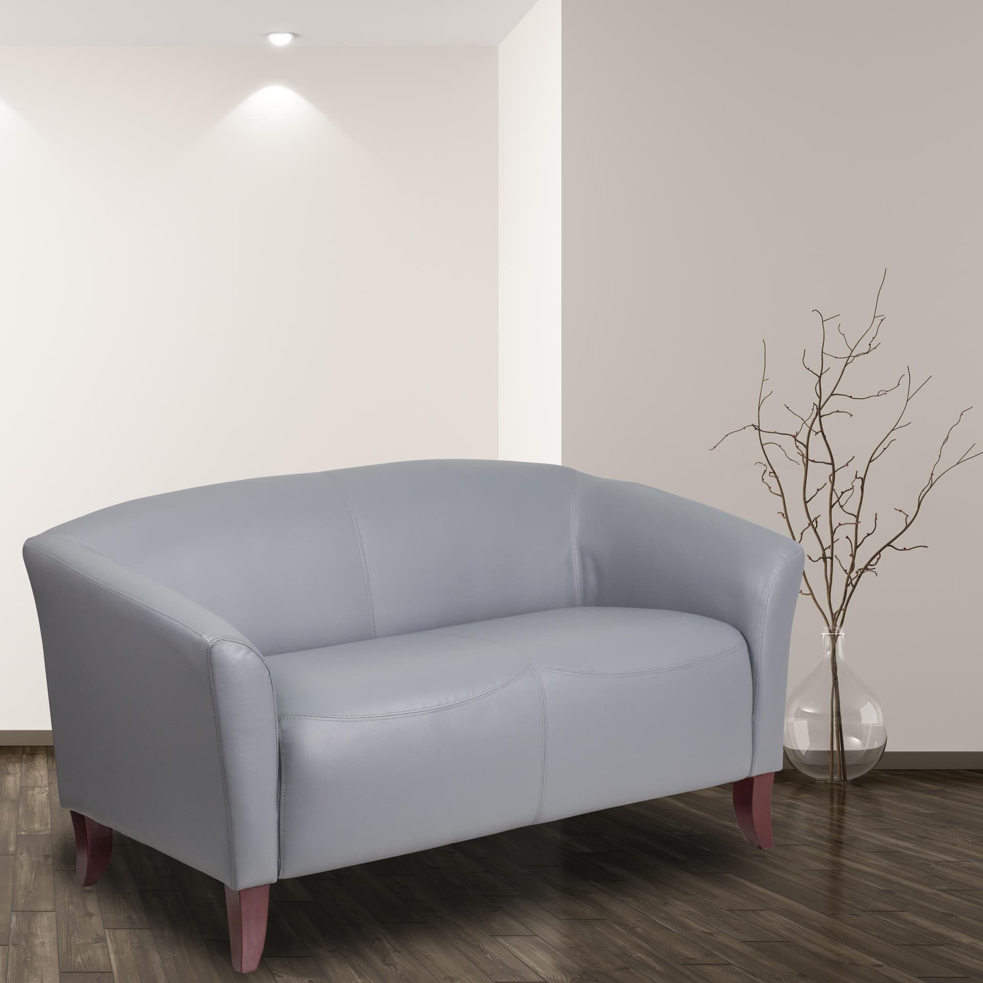Gray LeatherSoft Loveseat w/ Cherry Wood Feet