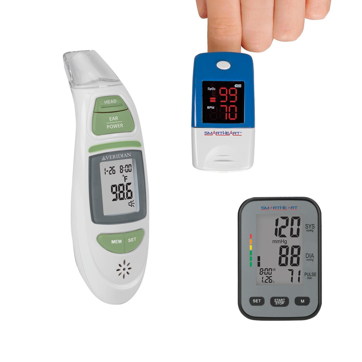 SmartHeart Pulse/Blood Pressure Monitors plus Talking 1-Second Thermometer Package