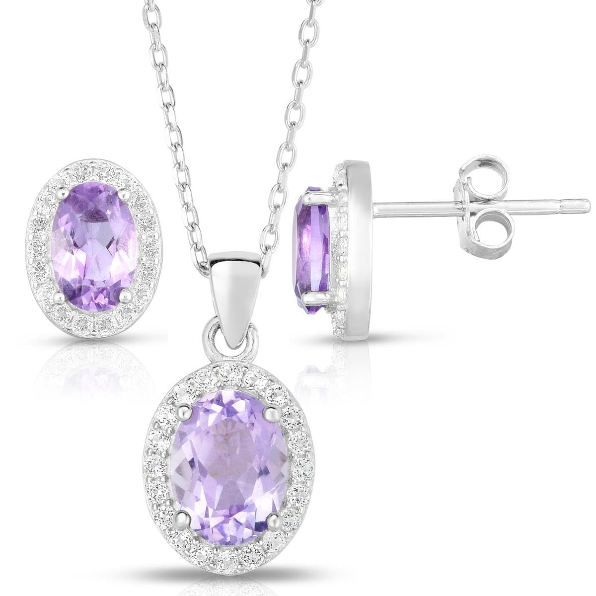 Oval Amethyst & White Topaz Earrings & Necklace Set