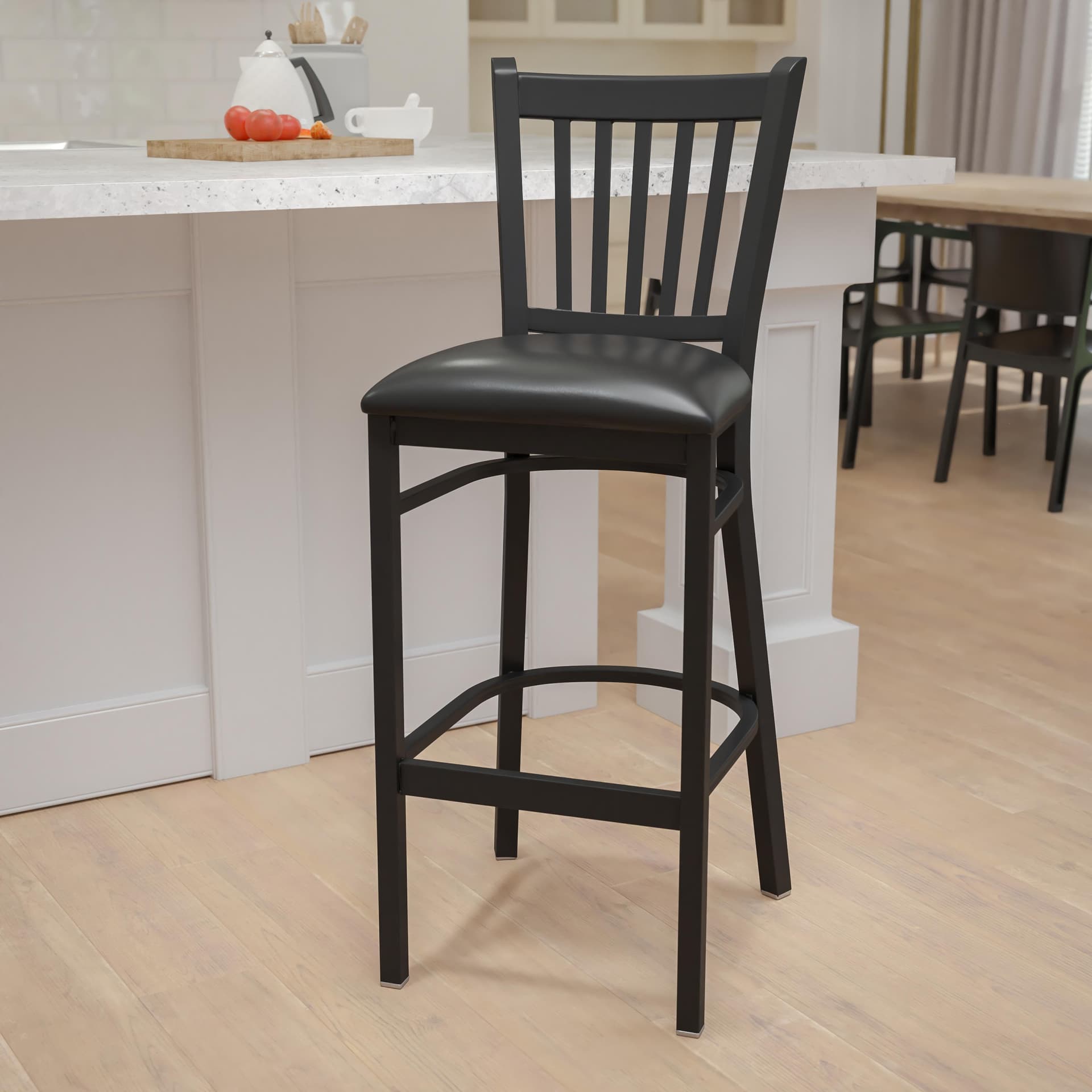 Black Vertical Back Metal Restaurant Barstool - Black Vinyl Seat