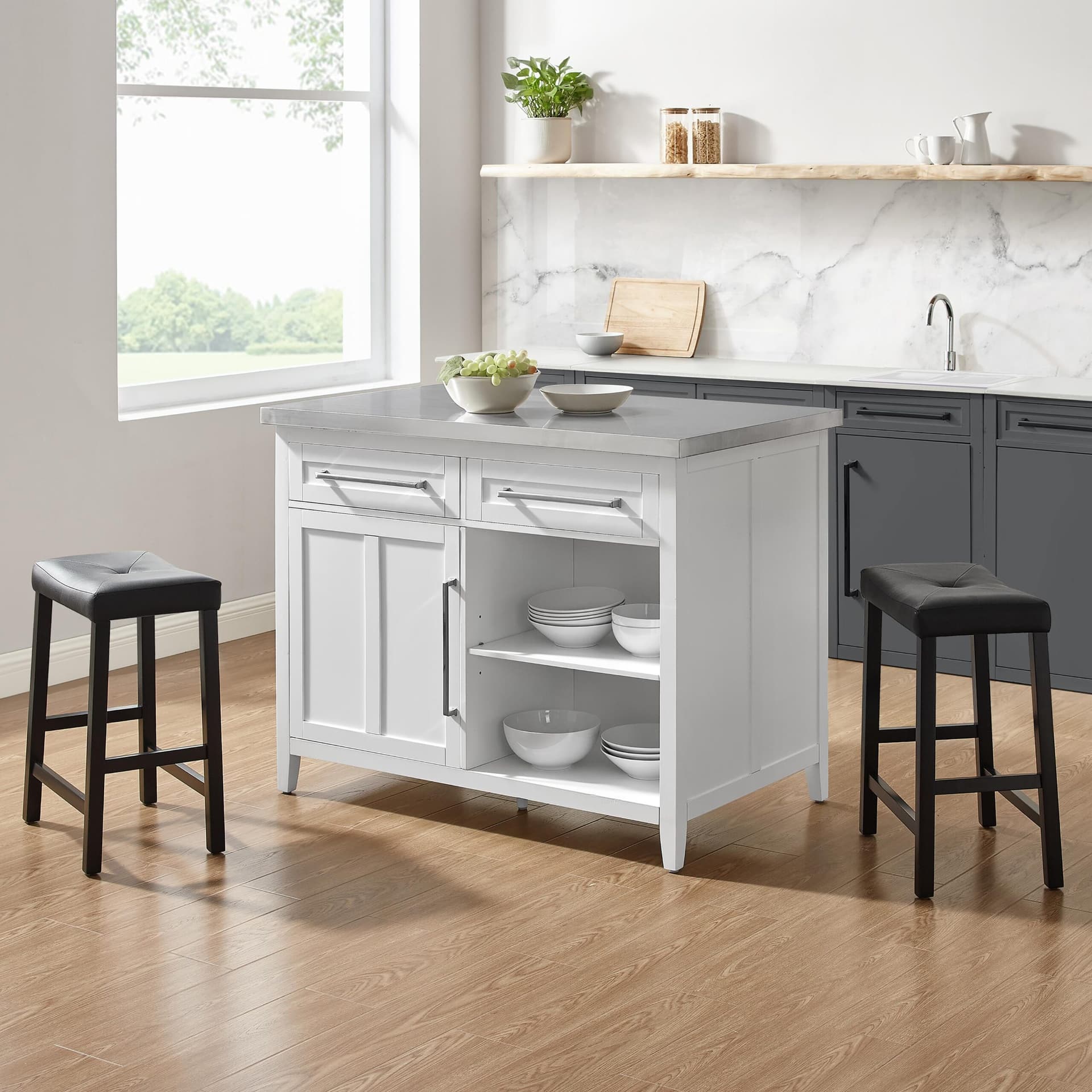 Silvia Stainless Steel Top Island W/Uph Saddle Stools