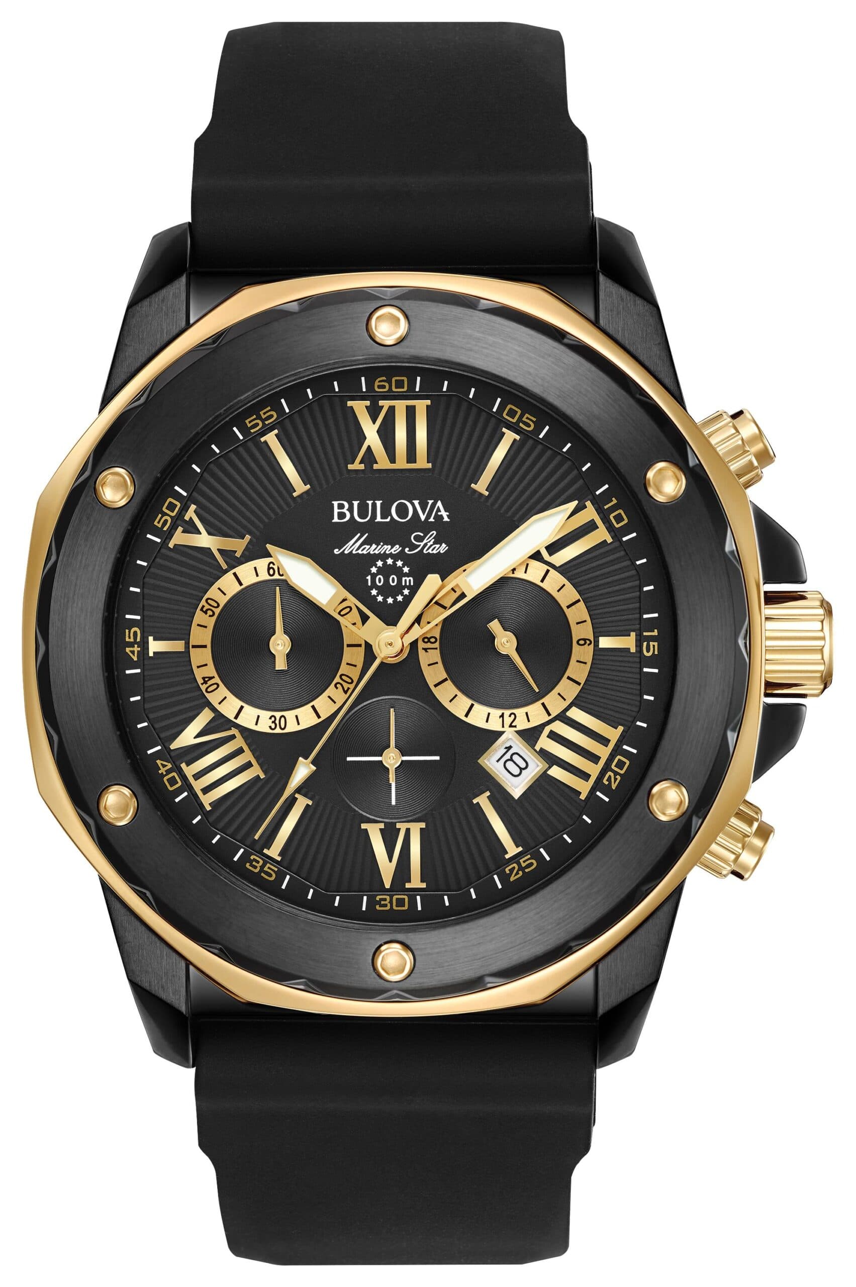 Mens Marine Star Black Silicone Strap Watch Gold/Black Dial