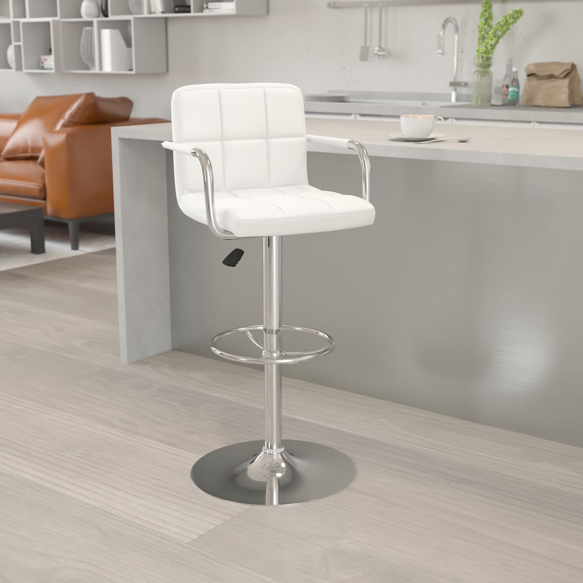White Quilted Vinyl Adjustable Height Barstool with Arms and Chrome Base