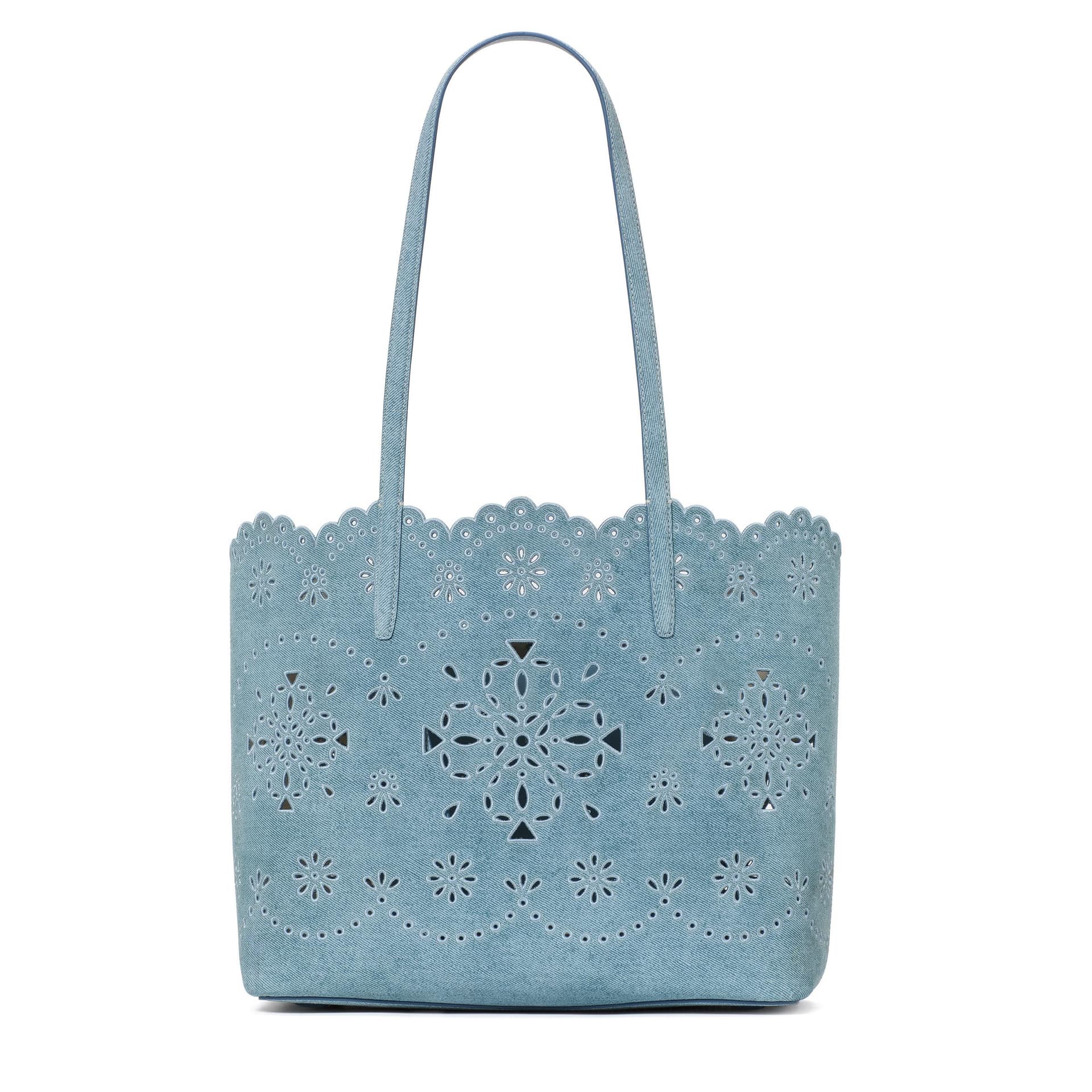 Do It All Spade Flower Perforated Denim Suede Large Tote - Blue Multi