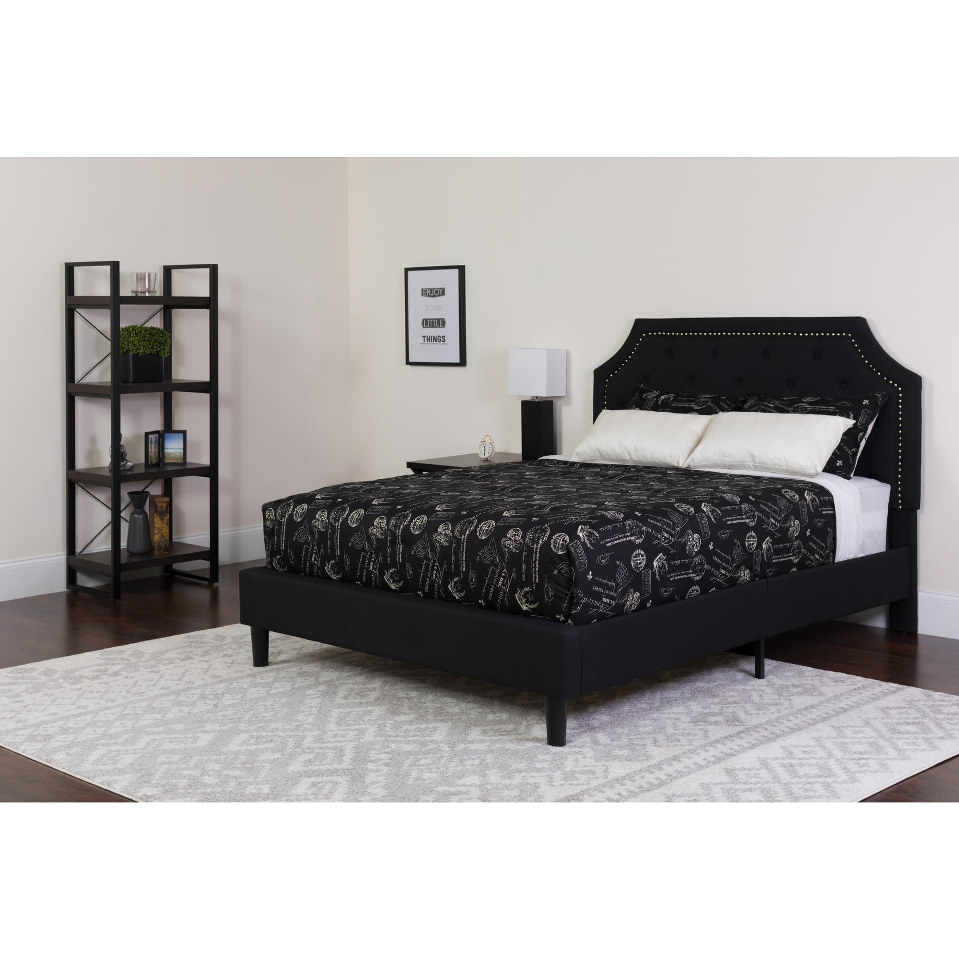 Queen Size Arched Tufted Black Fabric Platform Bed with Pocket Spring Mattress