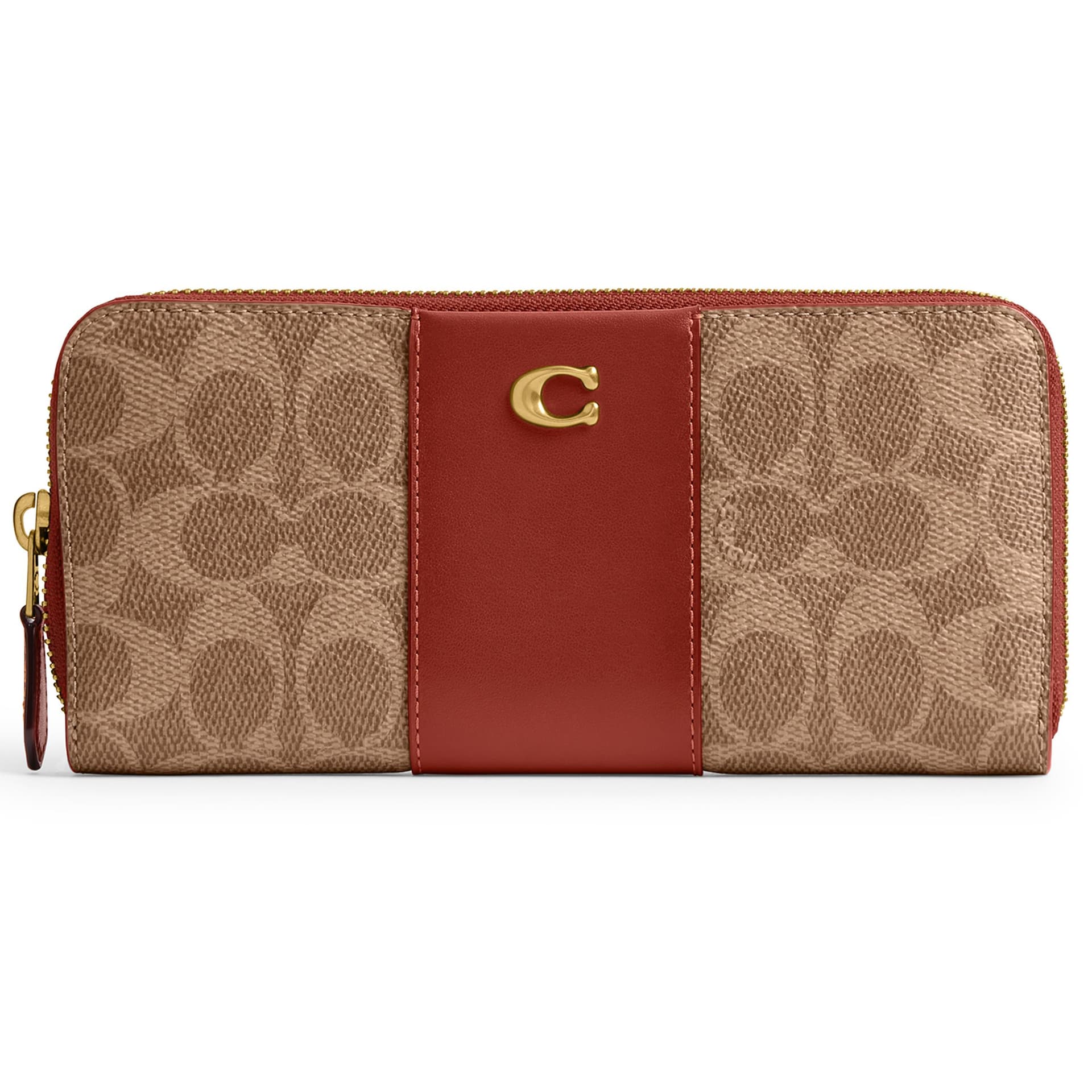 Coated Canvas Signature Slim Accordion Zip Wallet Tan Rust/Brass