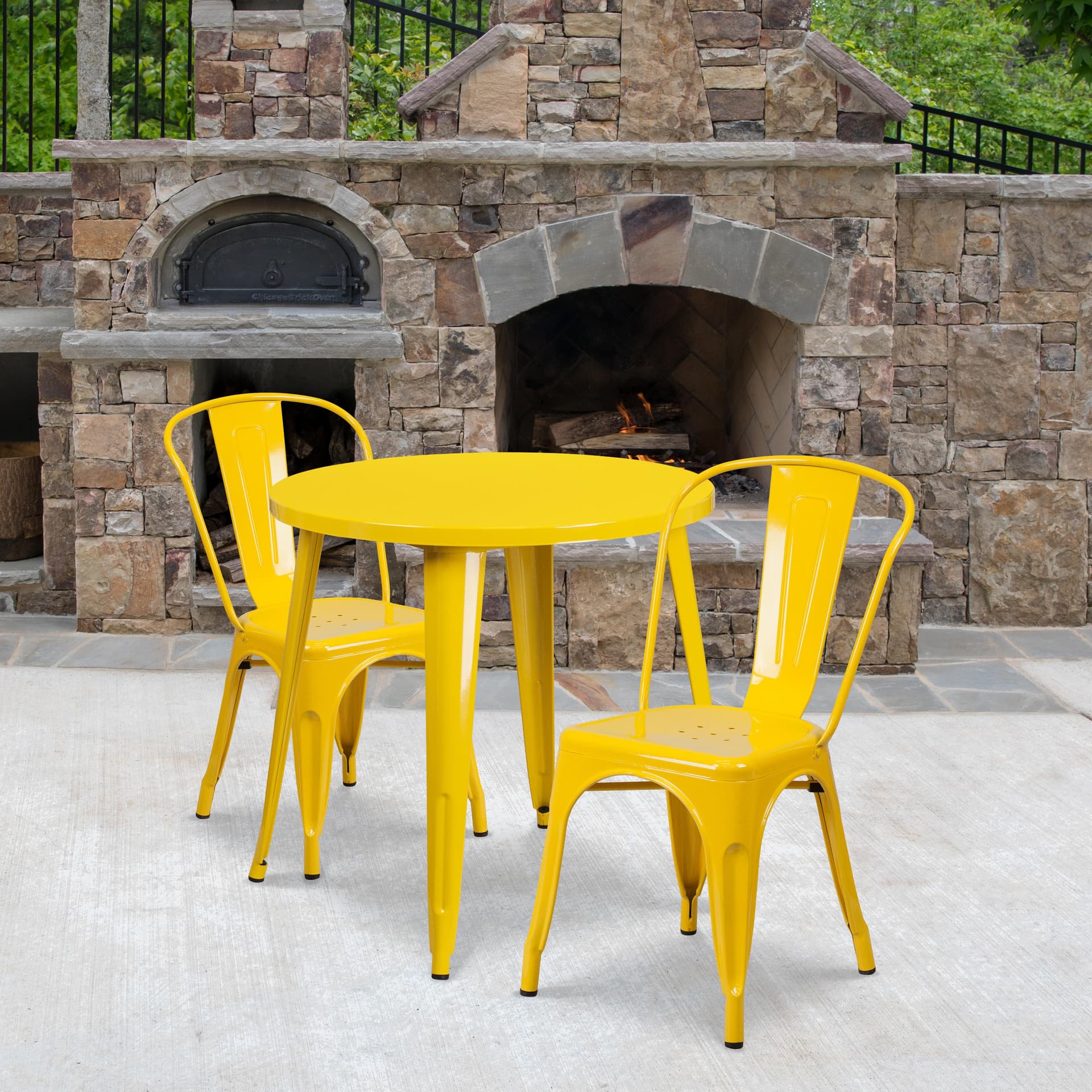 30" Round Yellow Metal Indoor-Outdoor Table Set with 2 Cafe Chairs