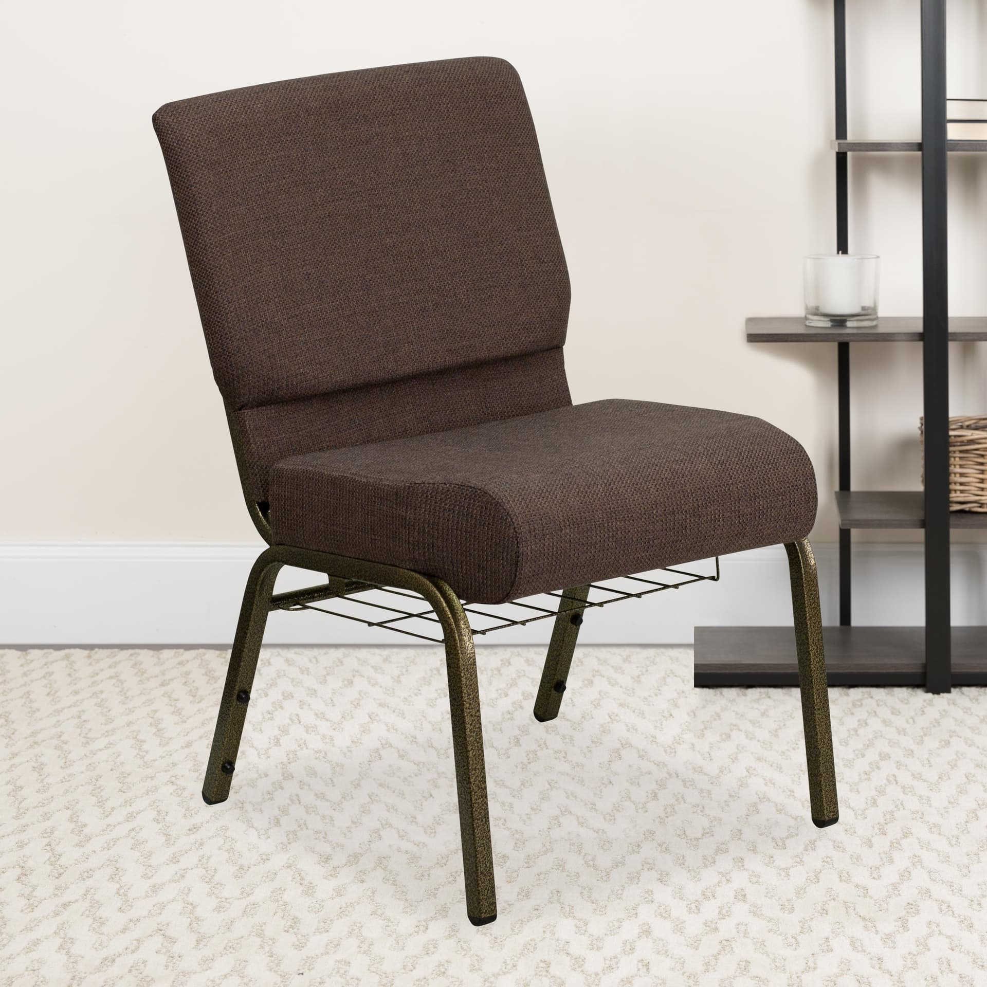 21"W Church Chair in Brown Fabric with Cup Book Rack - Gold Vein Frame