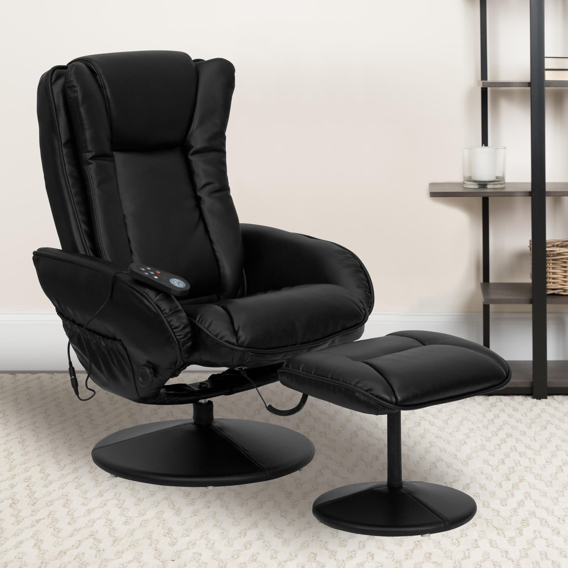 Black LeatherSoft Massaging Multi-Position Recliner w/Side Pocket &Ottoman