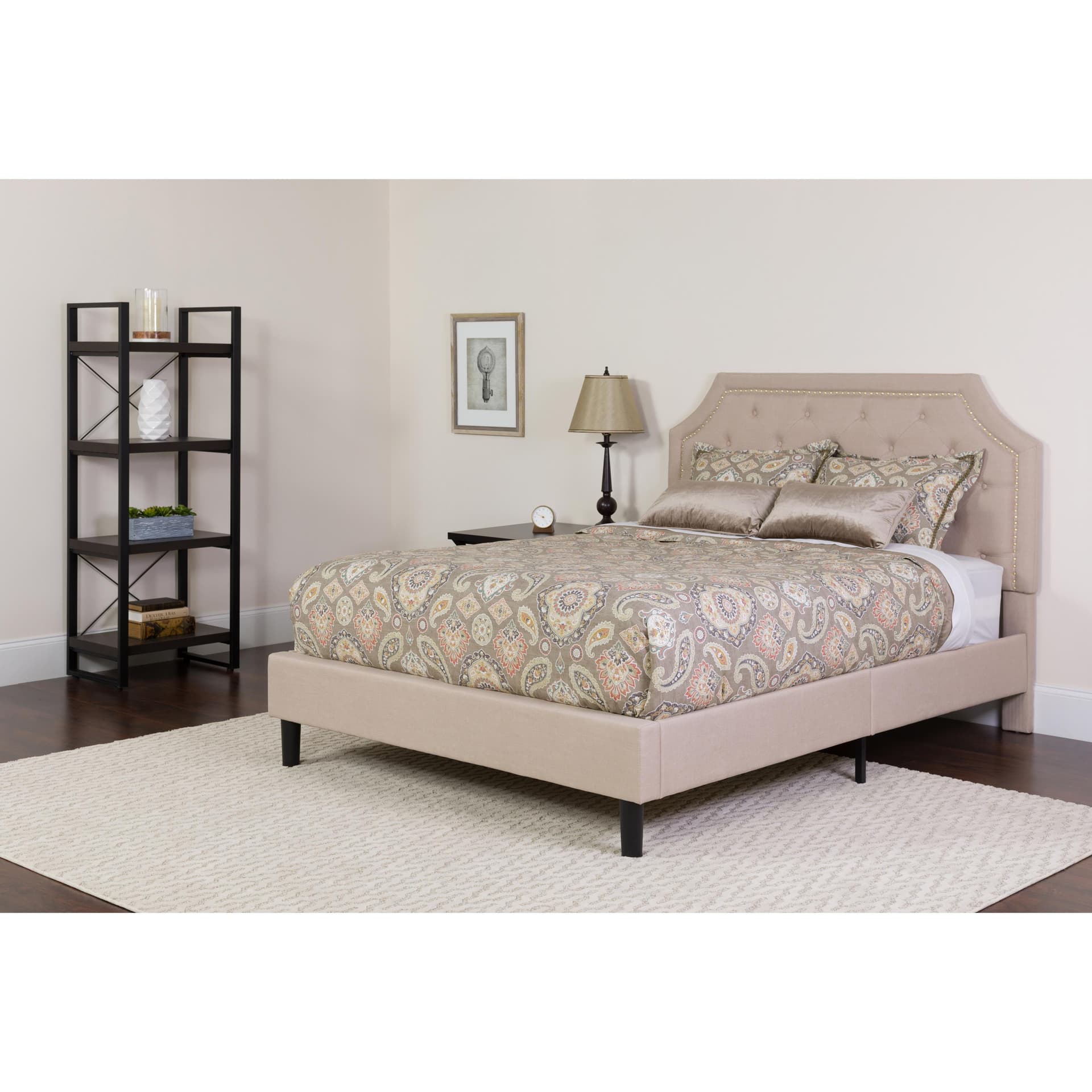 Queen Size Arched Tufted Upholstered Platform Bed in Beige Fabric