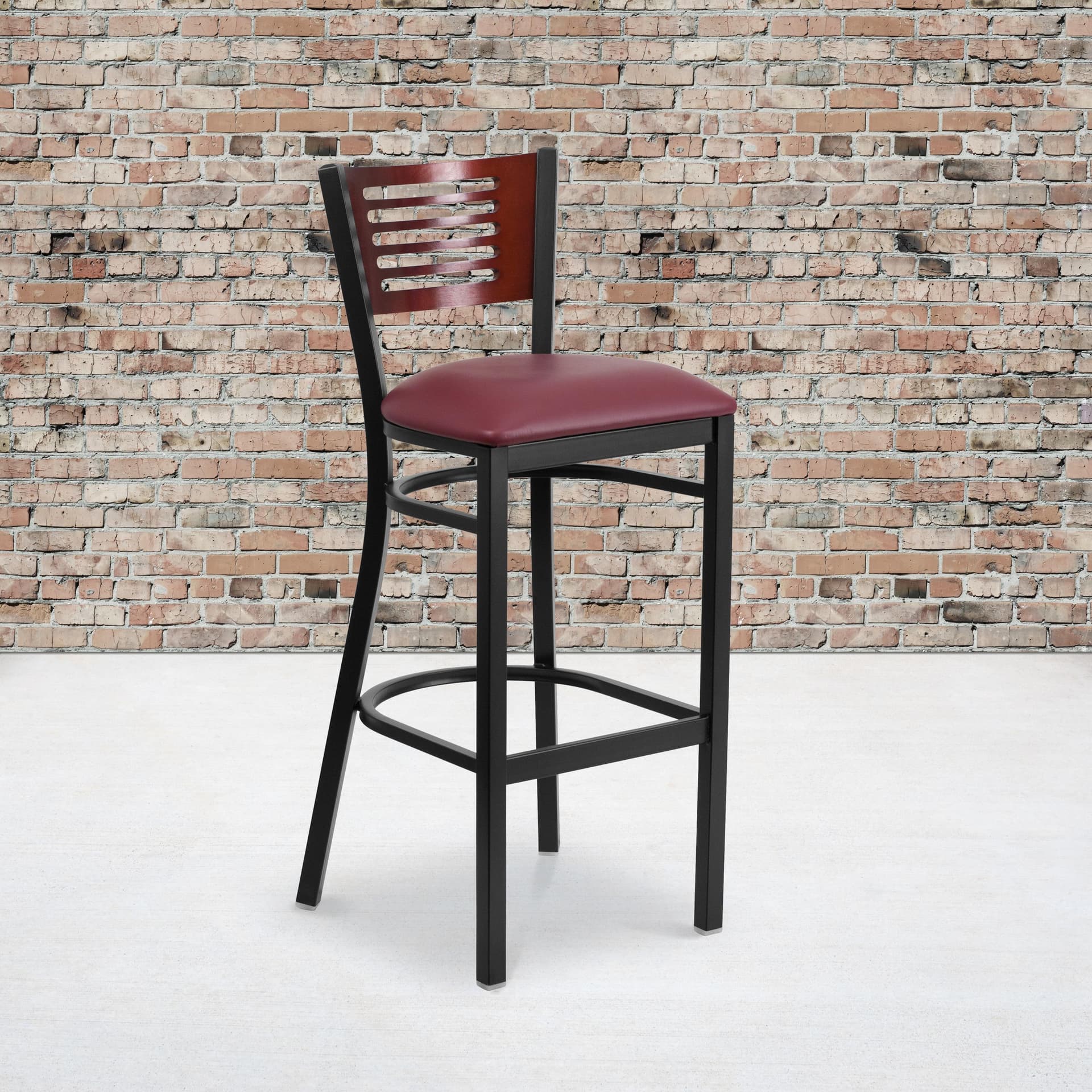 Black Slat Back Metal Restaurant Barstool - Mahogany Wood Back, Burg Vinyl Seat