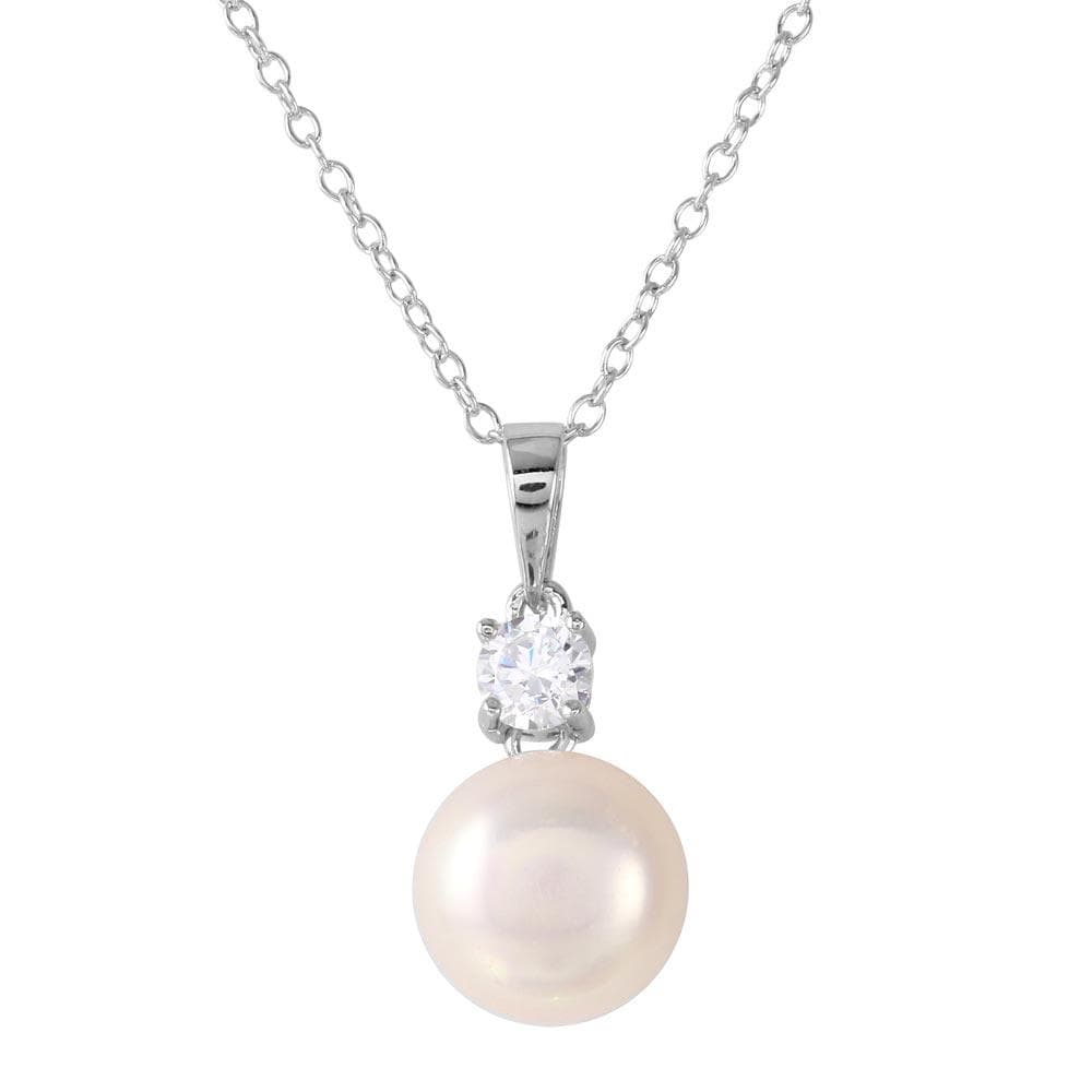 PARIKHS Rhodium Plated Round CZ with Dangling Pearl Necklace in 925 Sterling Silver