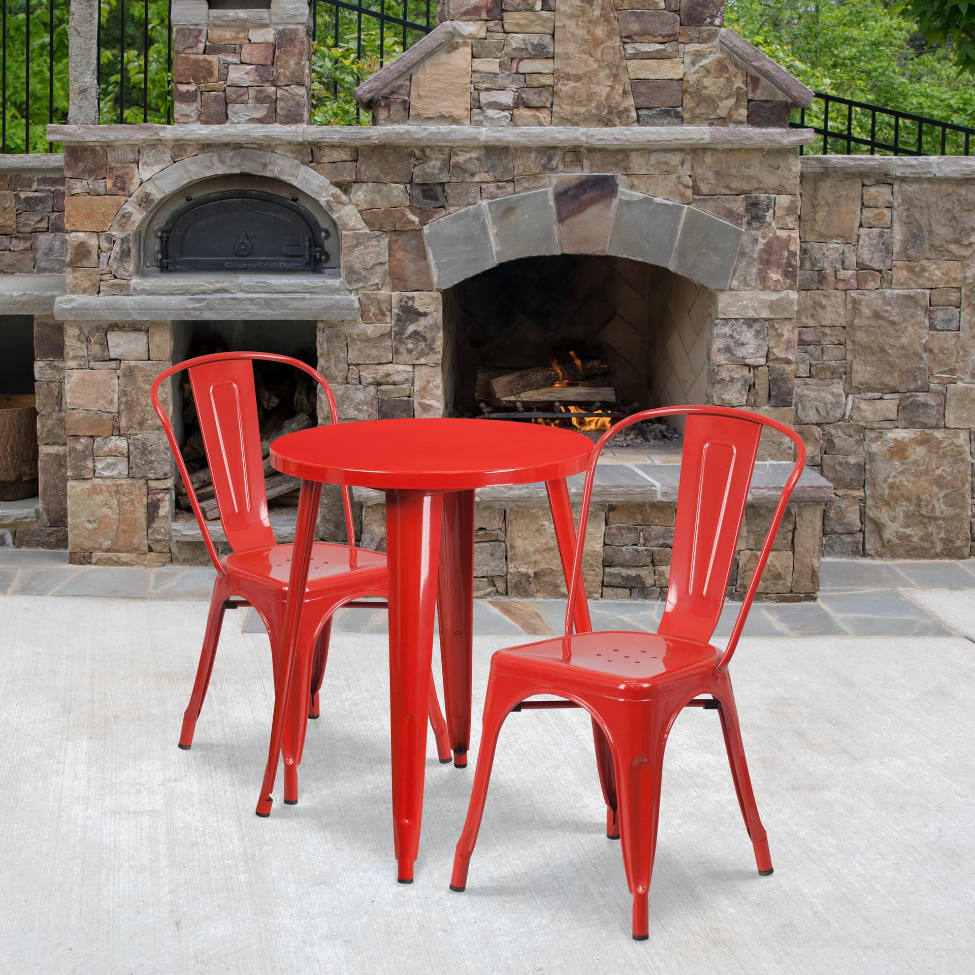 24" Round Red Metal Indoor-Outdoor Table Set with 2 Cafe Chairs - Patio Set