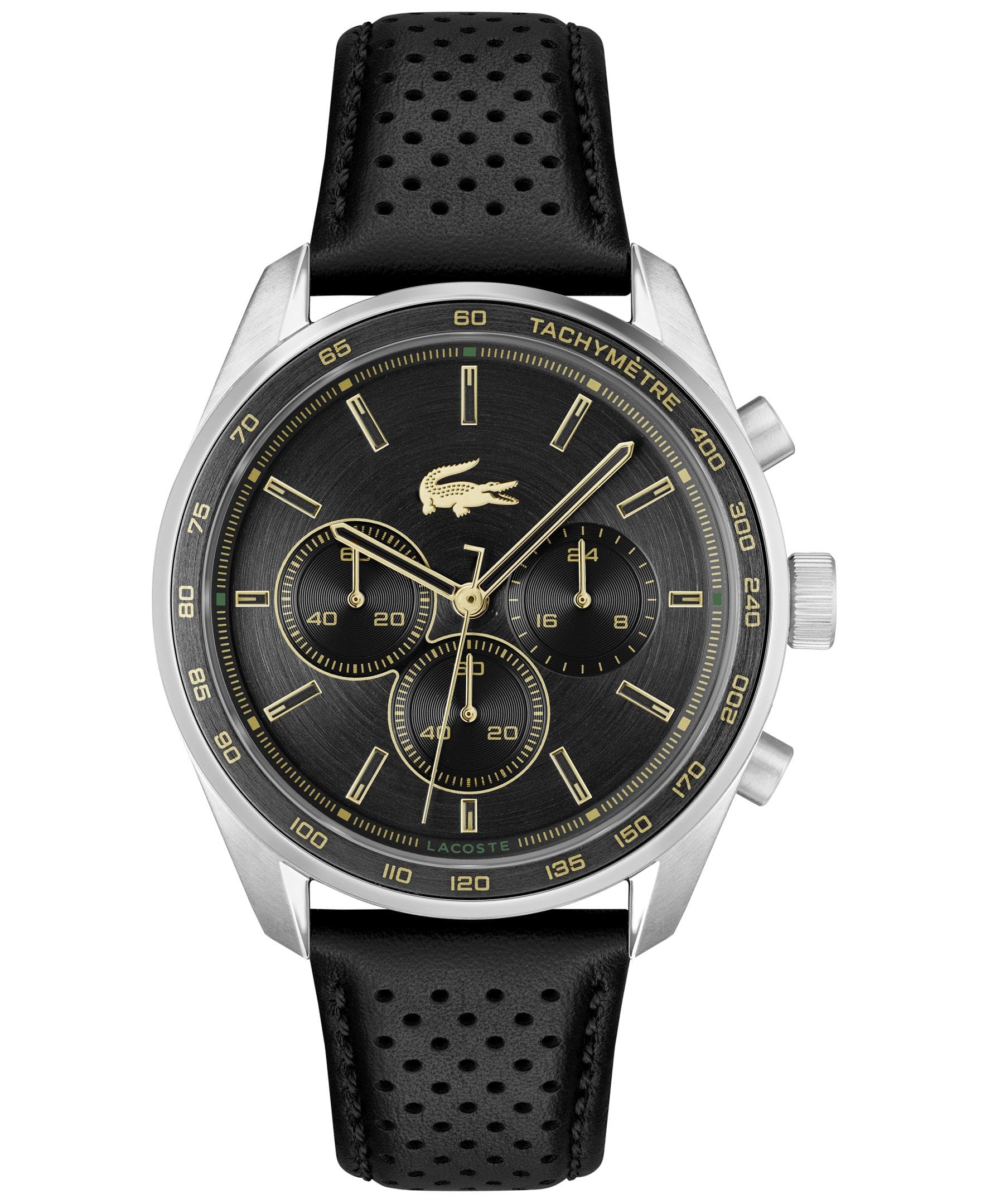 Lacoste Boston Gents. Stainless Steel Case, Black Aluminum bezel. Black Leather Strap. Black Dial