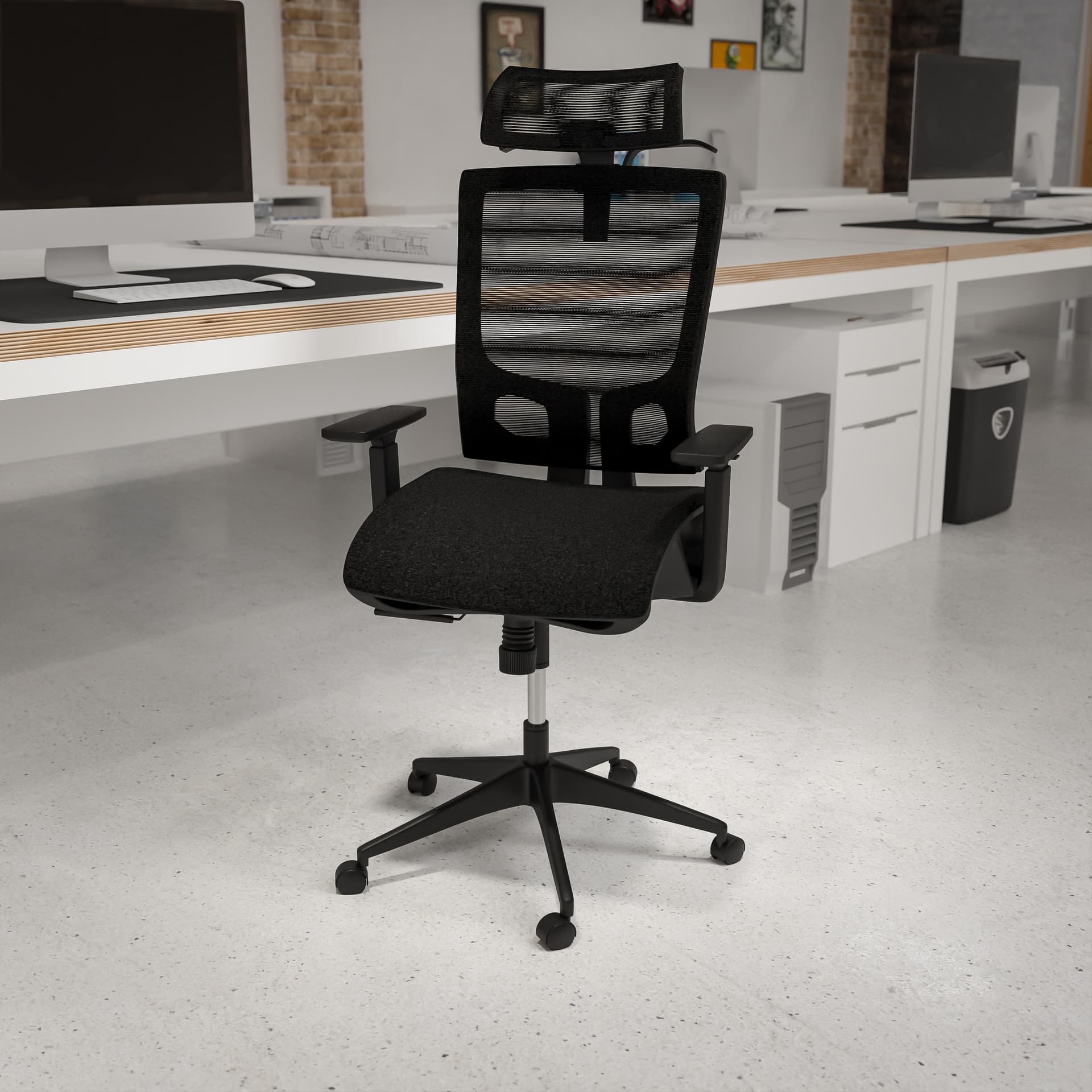 Ergonomic Black Mesh Office Chair-Synchro-Tilt, Pivot Headrest, Adjustable Arms