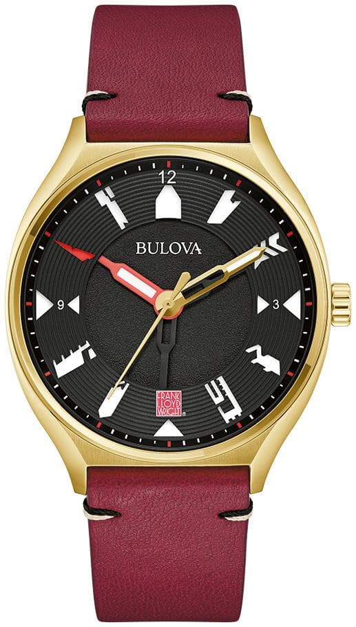 Mens Perforated Panels Automatic Burgundy Leather Strap Watch Black Dial