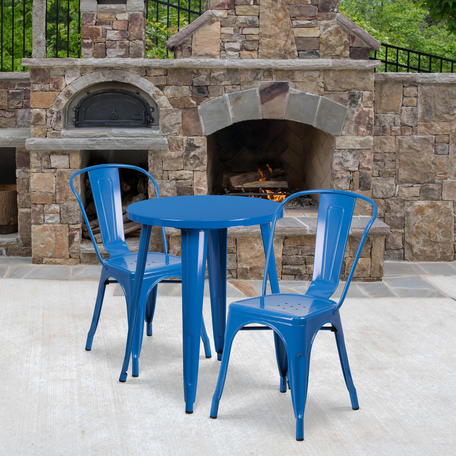24" Round Blue Metal Indoor-Outdoor Table Set with 2 Cafe Chairs - Patio Set