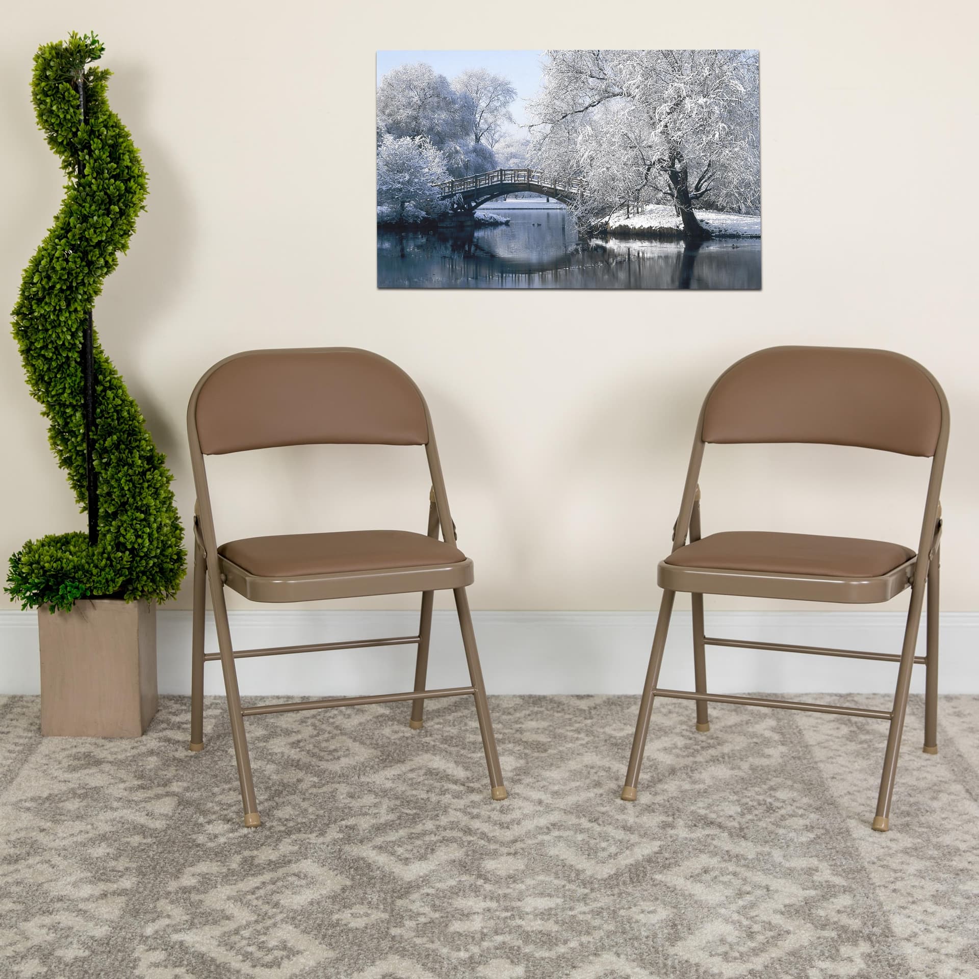 2PK Double Braced Beige Vinyl Folding Chair