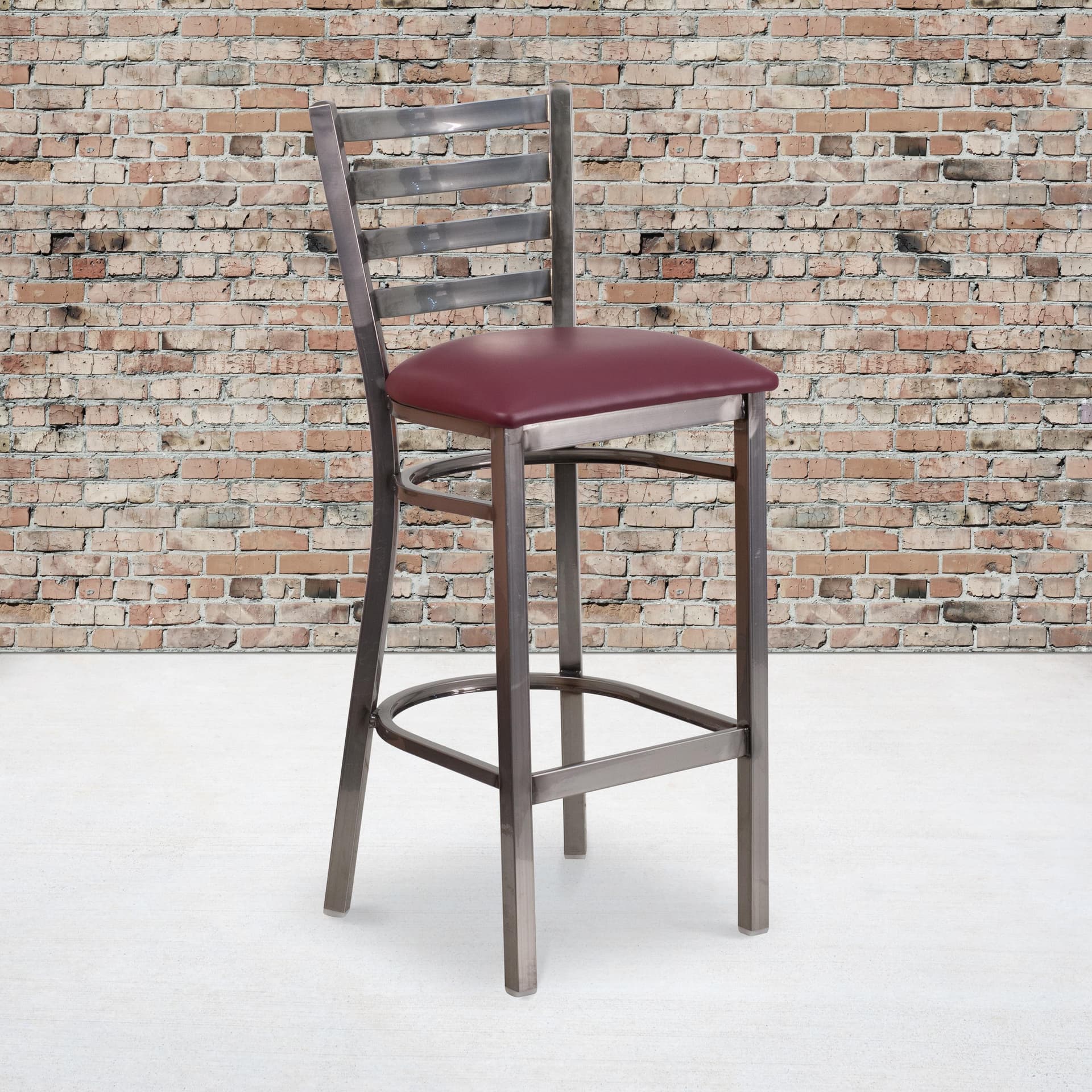Clear Coated Ladder Back Metal Restaurant Barstool - Burgundy Vinyl Seat