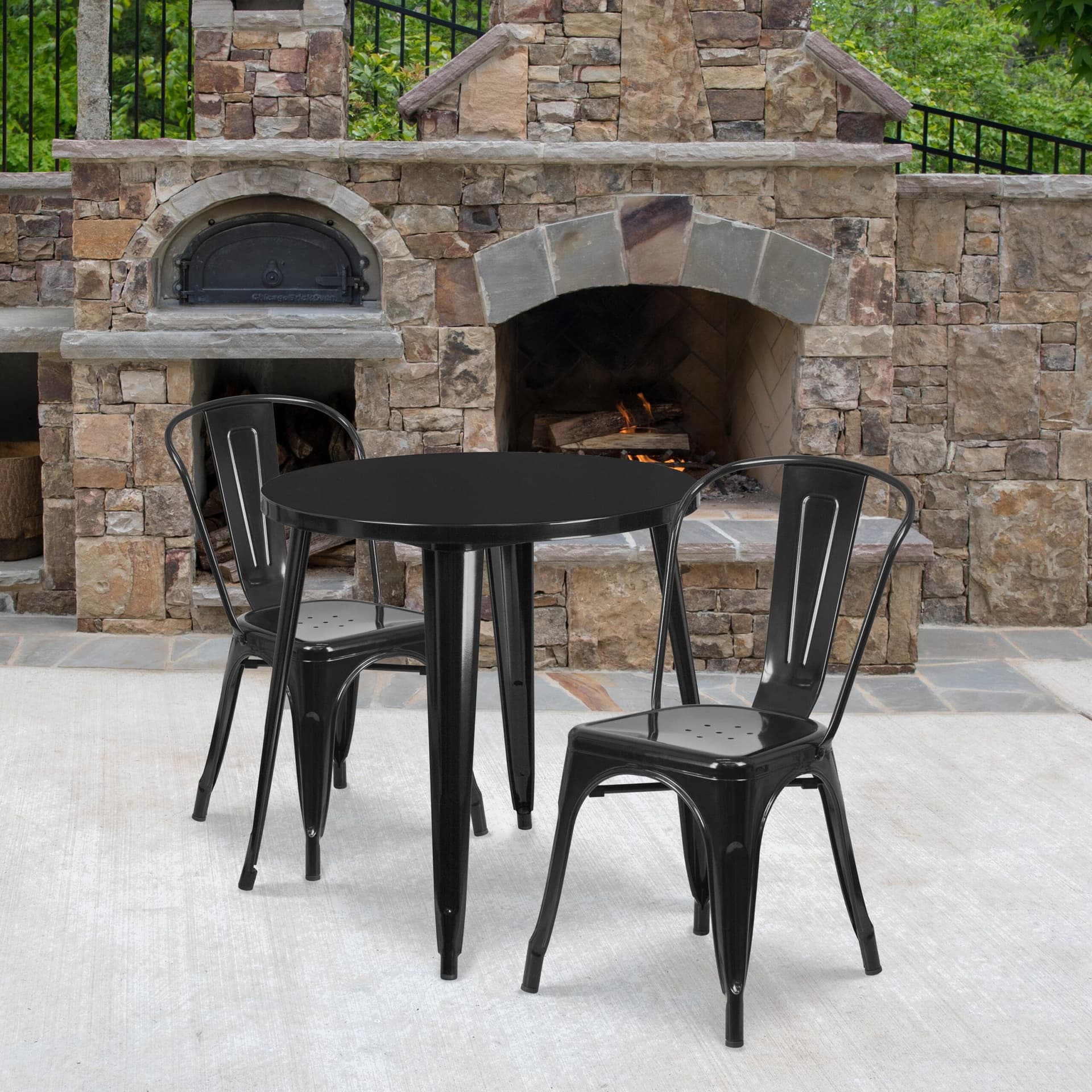 30" Round Black Metal Indoor-Outdoor Table Set with 2 Cafe Chairs