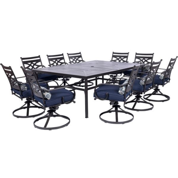 Montclair 11-Piece Dining Set in Navy Blue with 10 Swivel Rockers and a 60-In. x 84-In. Table