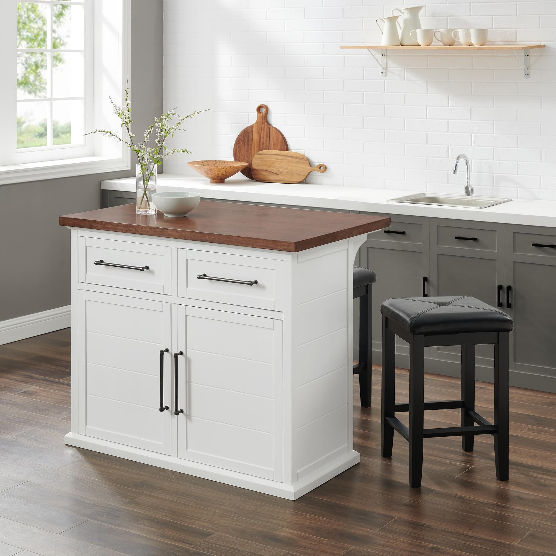 Bartlett Wood Top Kitchen Island W/X-Back Stools