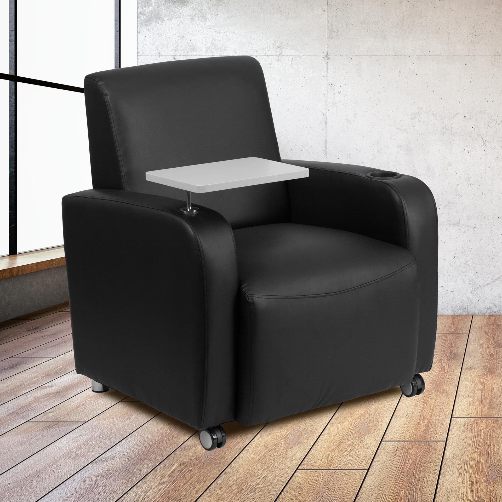 Black LeatherSoft Guest Chair w/Tablet Arm, Front Wheel Casters &Cup Holder