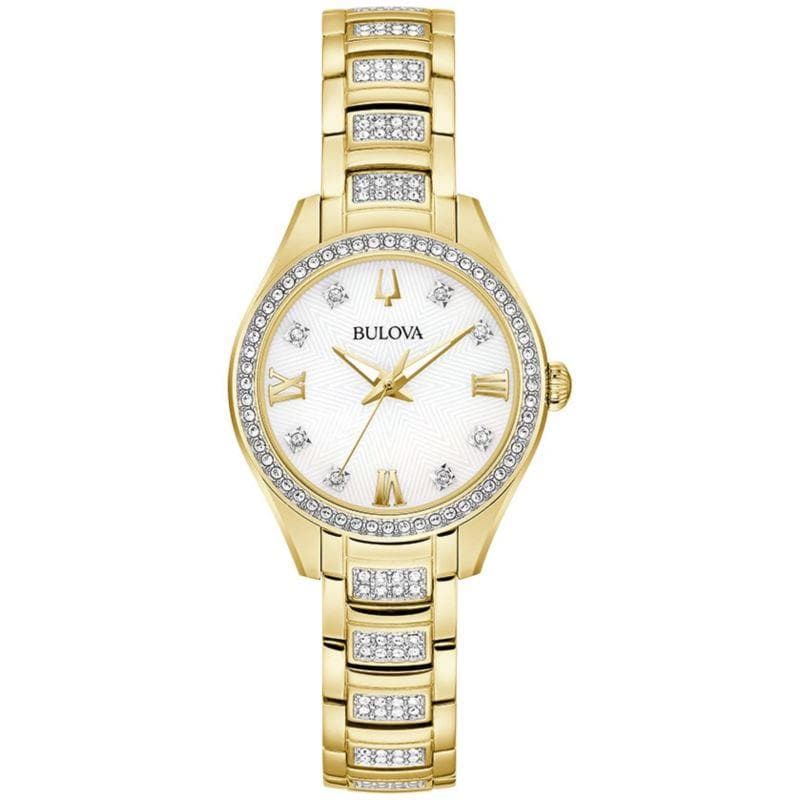 Ladies' Crystal Gold-Tone Stainless Steel Watch Mother-of-Pearl Dial