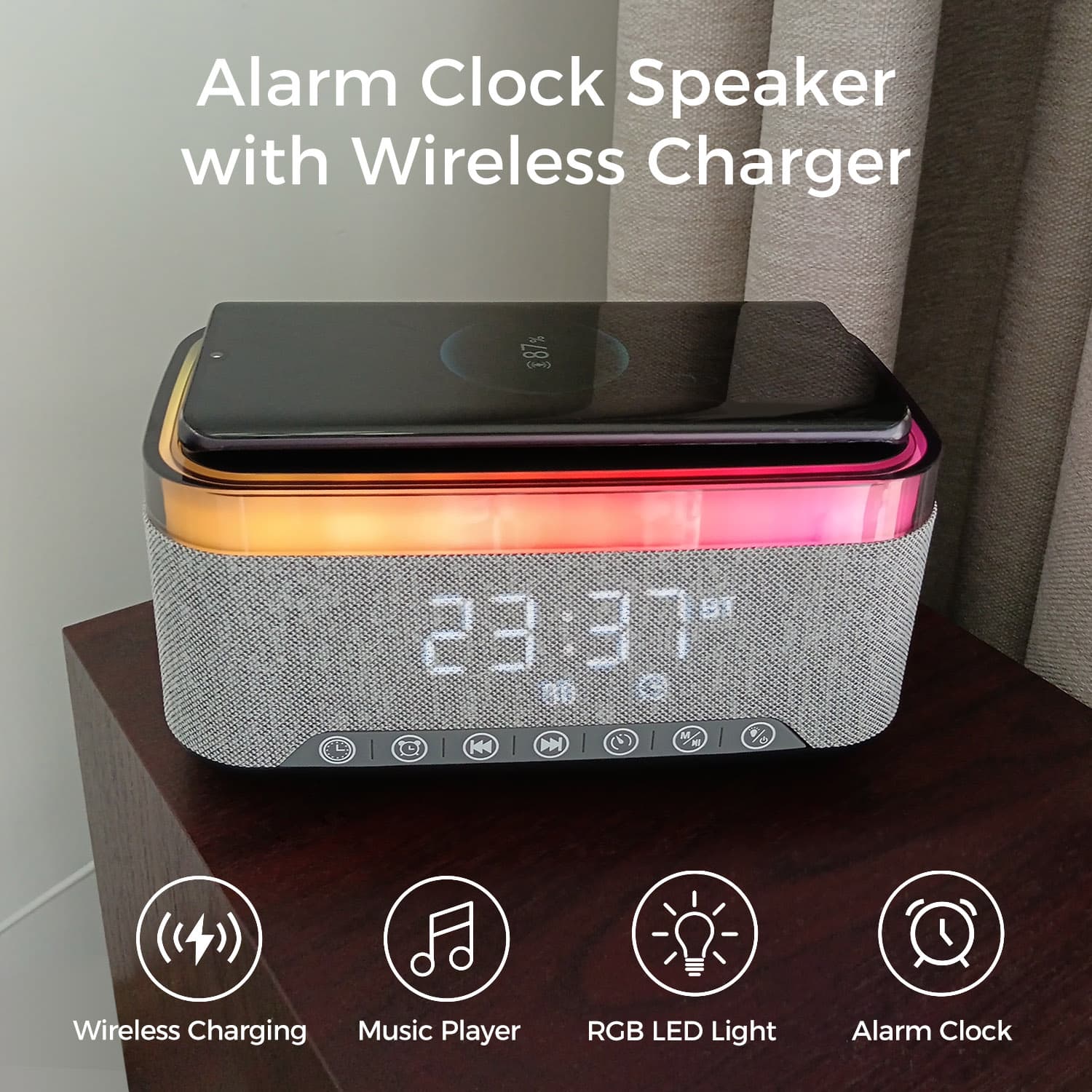 Bluetooth Speaker Alarm Clock w/ 15W Fast Wireless Charging, 13 Night Light modes, Rechargeable Battery, 10W Stereo Speaker, 12/24H Digital Clock, Sleep Timer, White Noise Mode, US