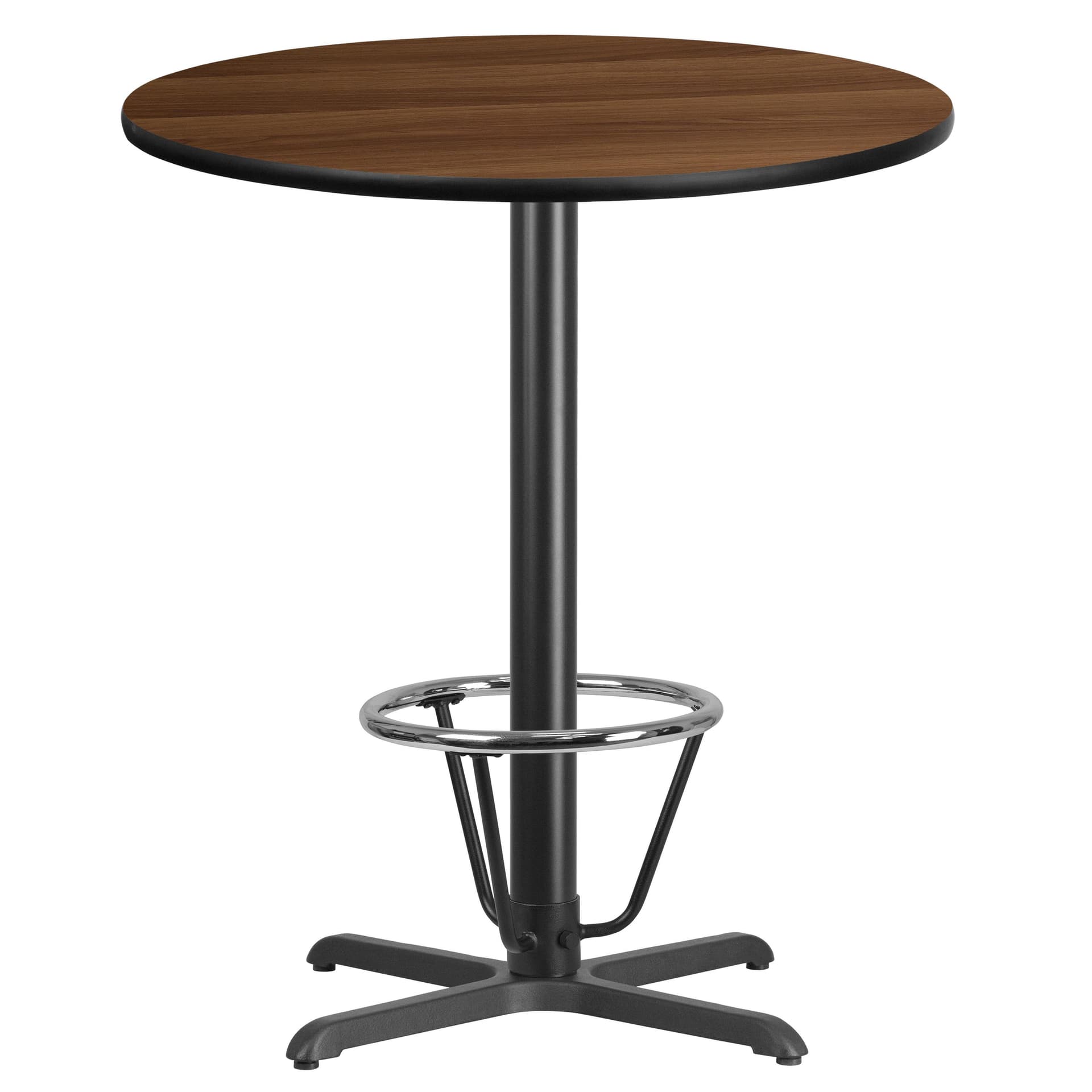 36" Round Walnut Laminate Table Top & 30"x 30" Bar Height Base with Foot Ring