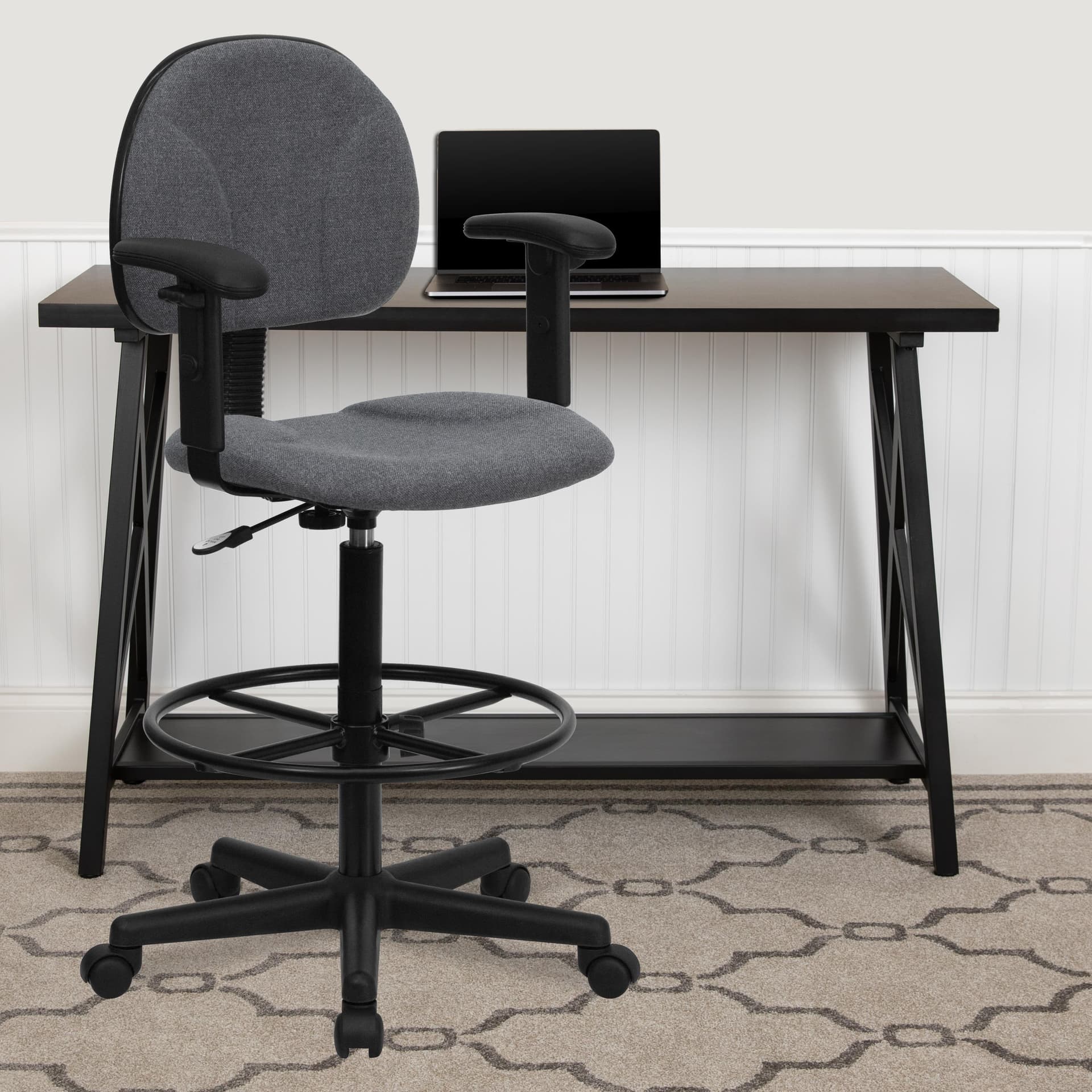 Gray Fabric Swivel Drafting Chair with Adjustable Height and Arms