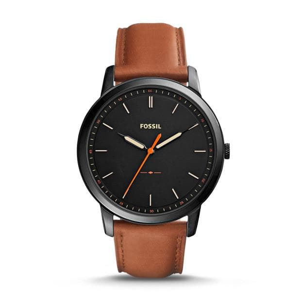 Mens Minimalist Light Brown Leather Strap Watch Black Dial