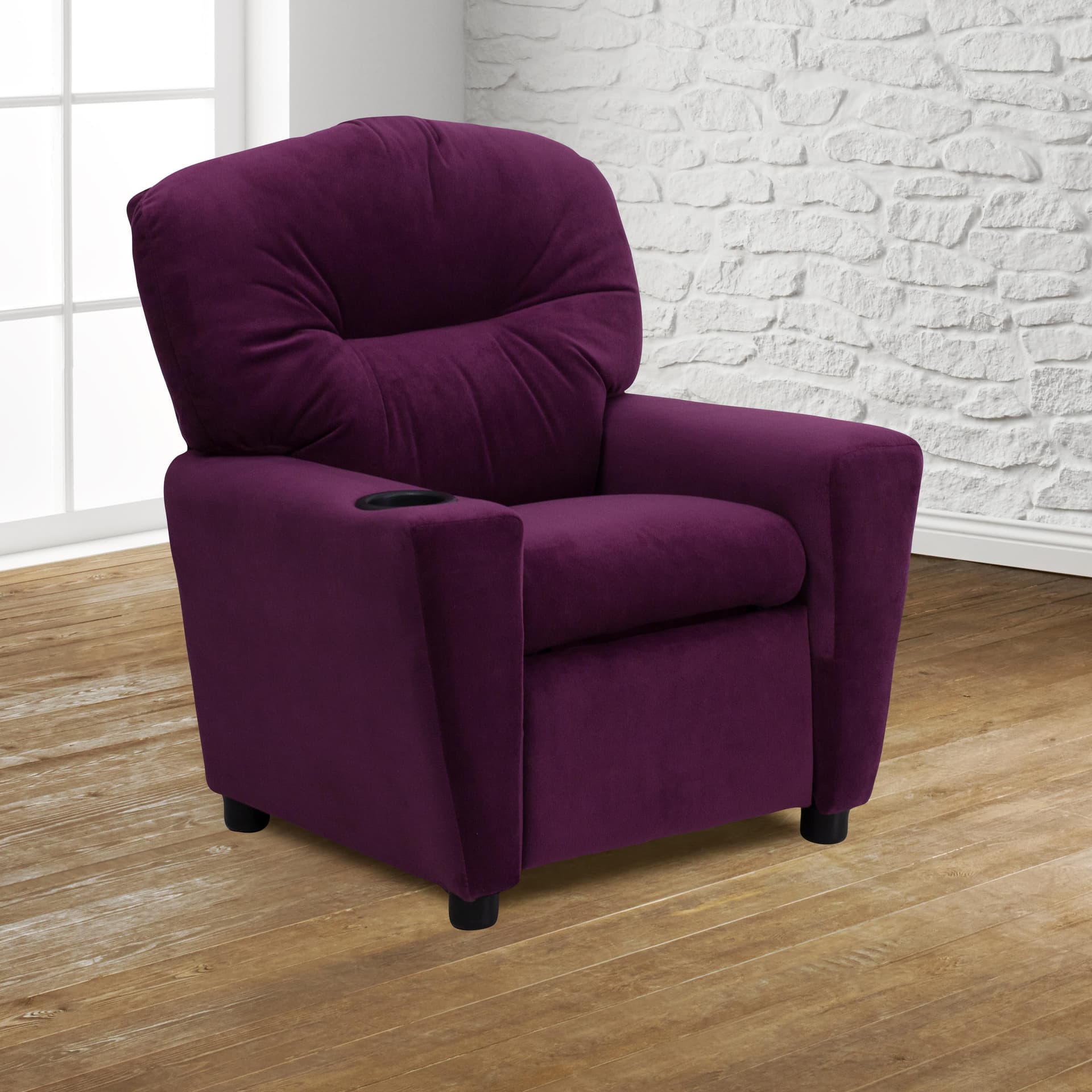 Contemporary Purple Microfiber Kids Recliner with Cup Holder - Hardwood Frame