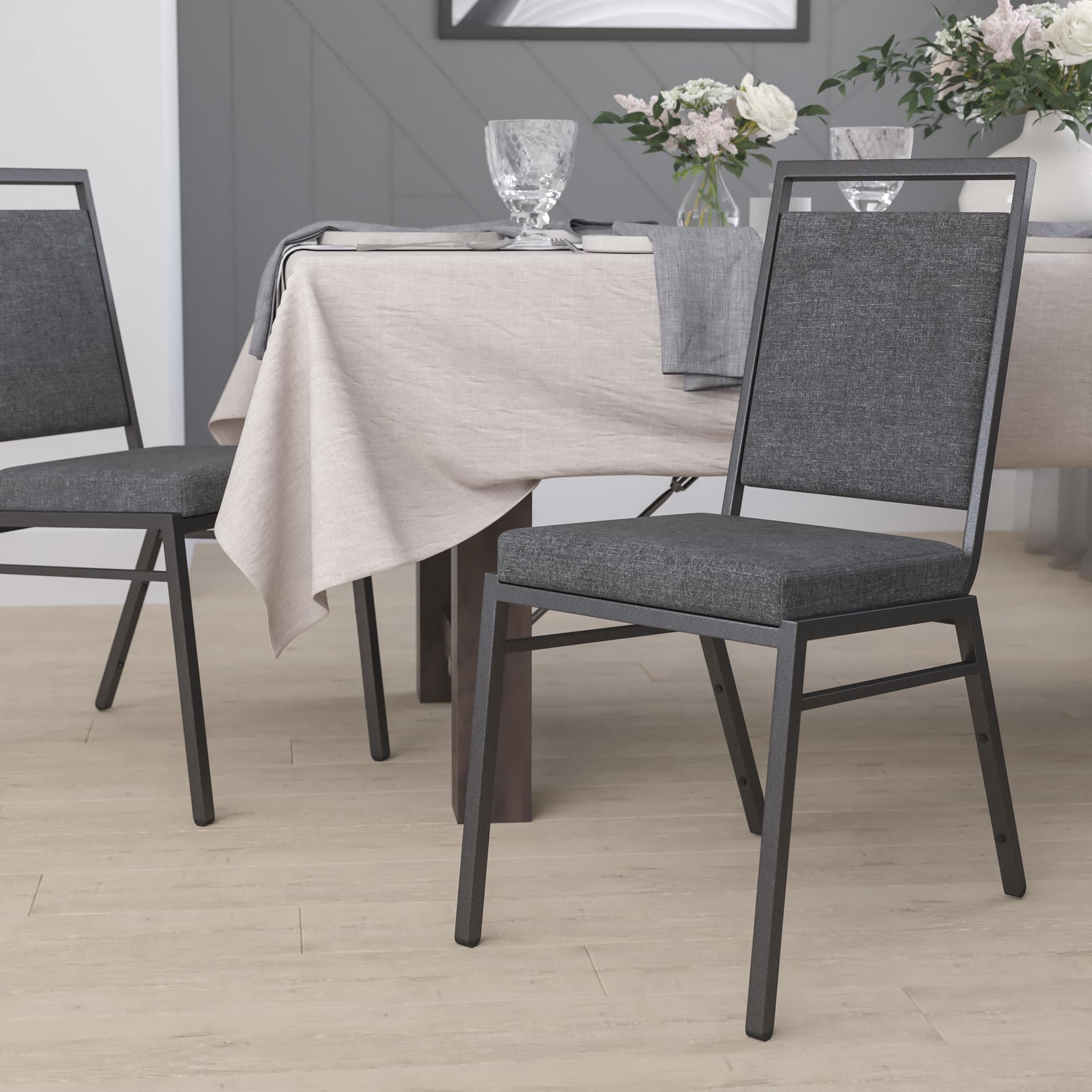 Square Back Banquet Stack Chair in Dark Gray Fabric