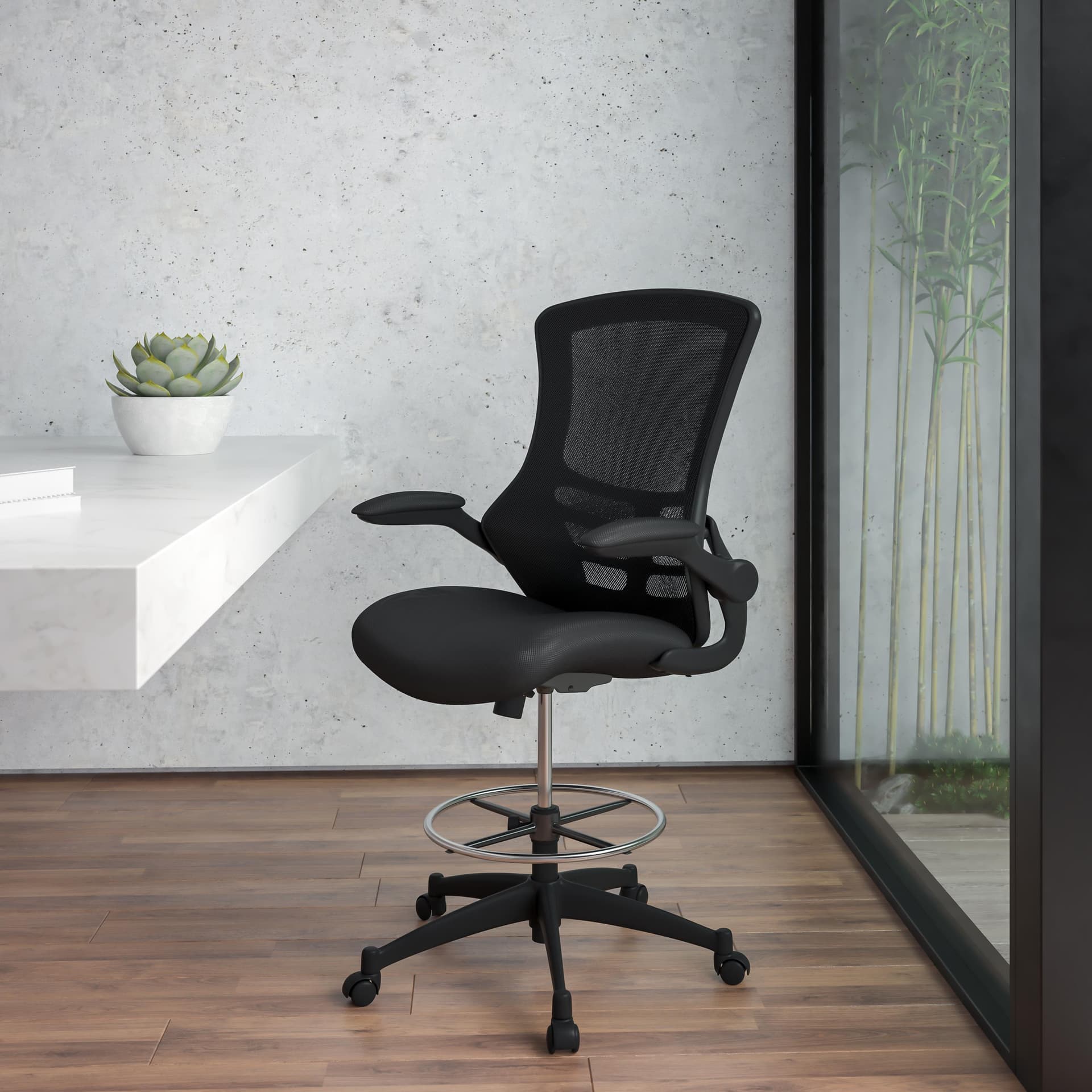 Mid-Back Black Mesh Ergonomic Chair with Adjustable Foot Ring and Flip-Up Arms