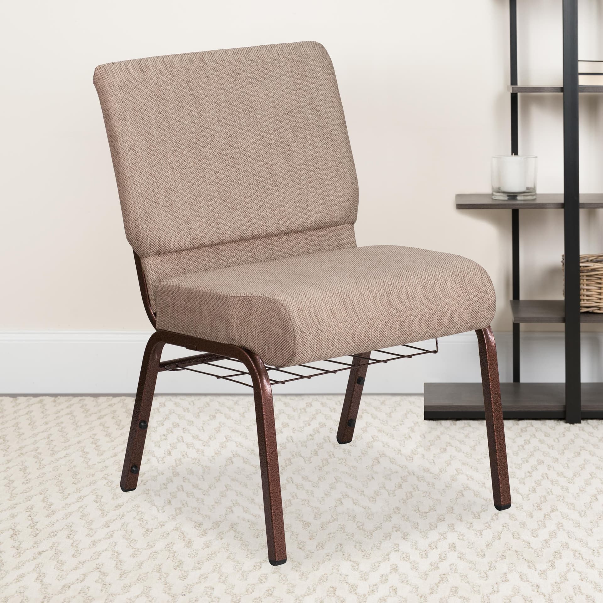 21"W Church Chair in Beige Fabric with Book Rack - Copper Vein Frame