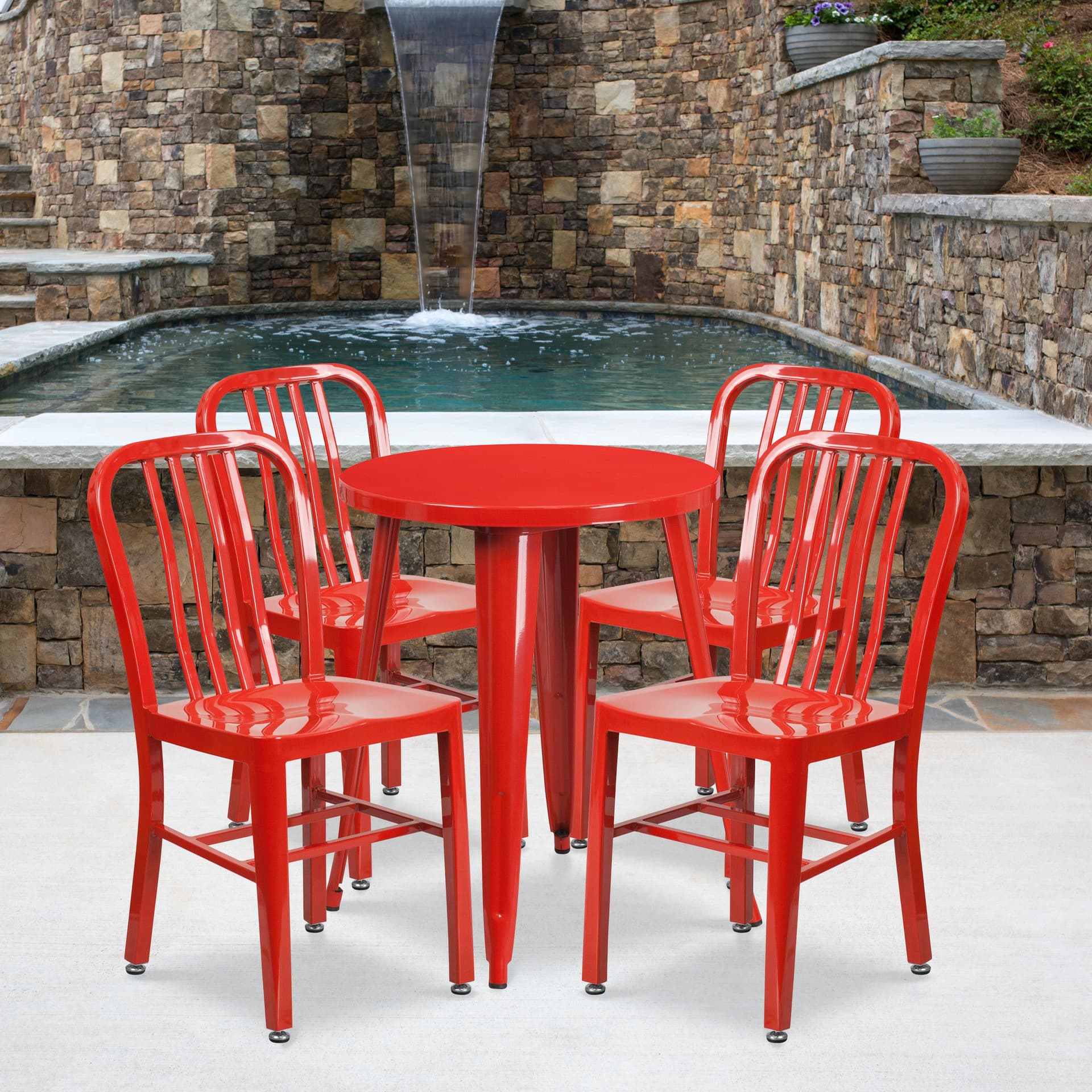 24" Round Red Metal Indoor-Outdoor Table Set with 4 Vertical Slat Back Chairs