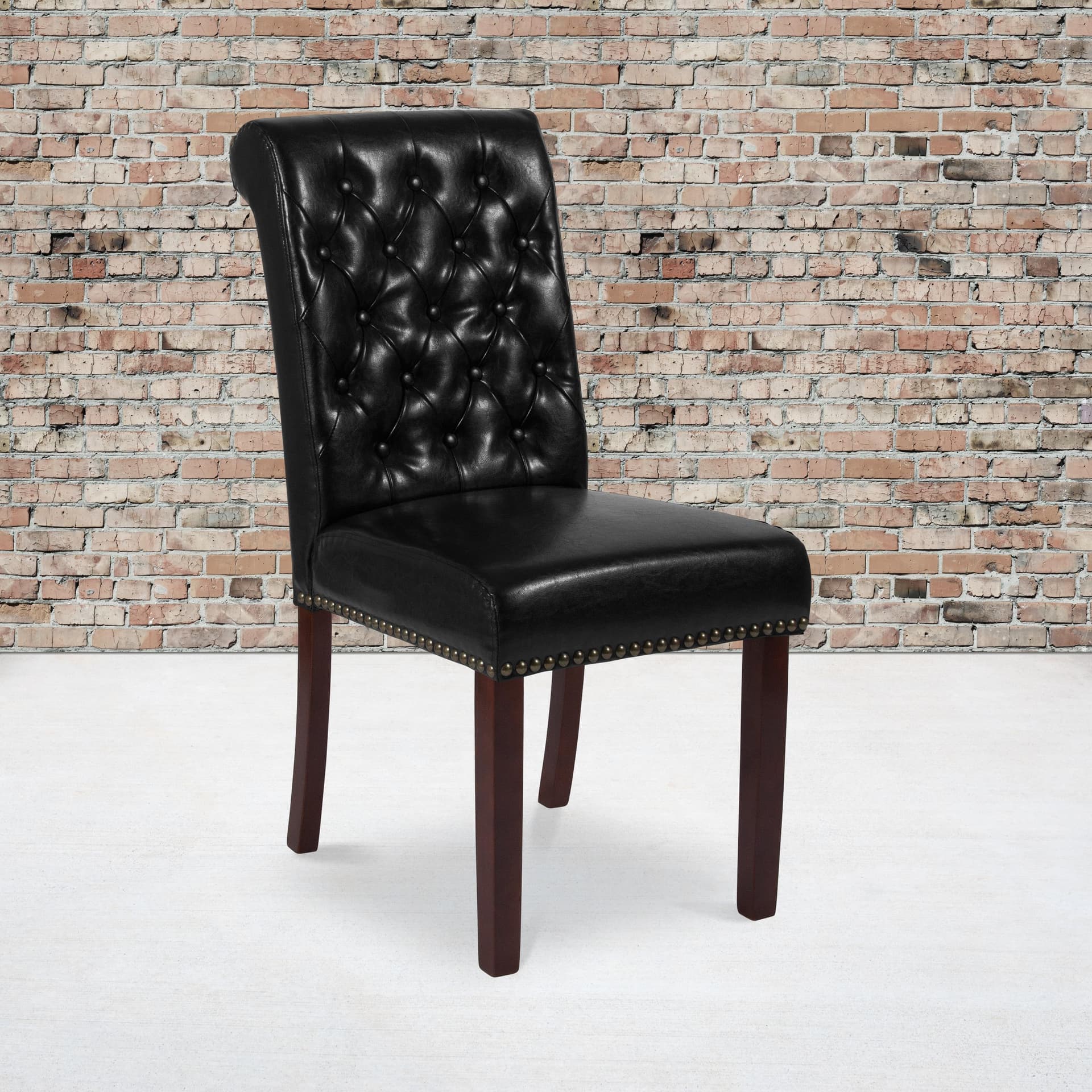 Black LeatherSoft Parsons Chair w/Rolled Back, Accent Nail Trim &Walnut Finish