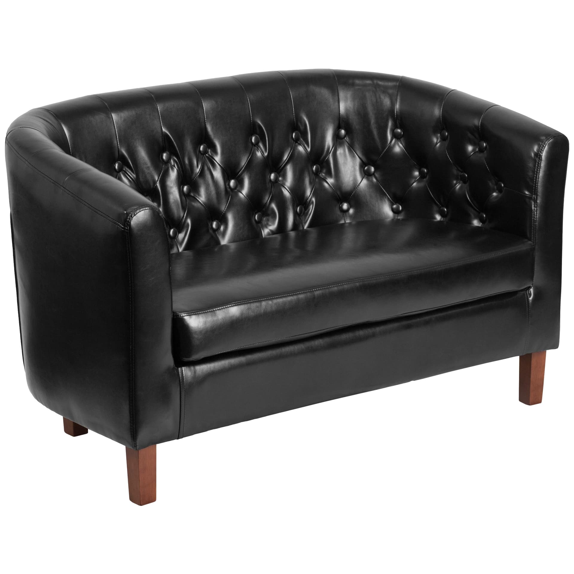 Black LeatherSoft Upholstered Button Tufted Loveseat with Mahogany Legs